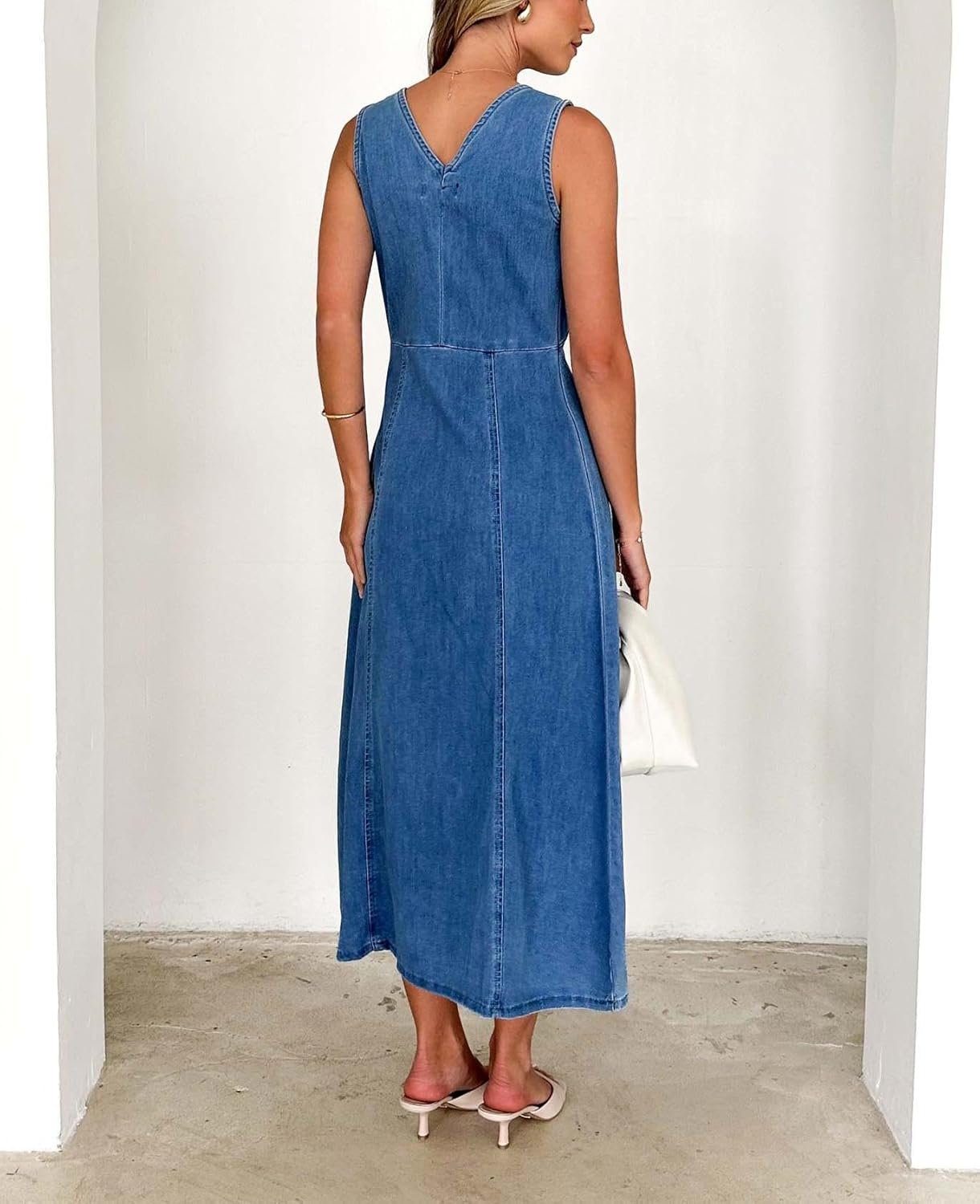 Women's Summer Dress Sleeveless V Neck High Waist Trendy Casual A Line Jean Maxi Dress