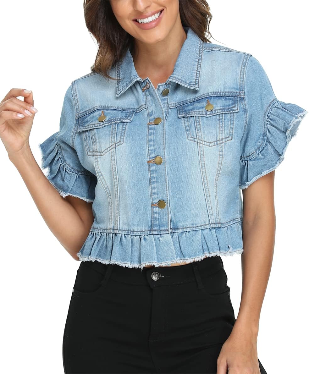 Women's Jacket Ruffle Sleeve Button Down Distressed Summer Cropped Jean Jackets Women's Jacket Ruffle Sleeve Button Down Distressed Summer Cropped Jean Jackets