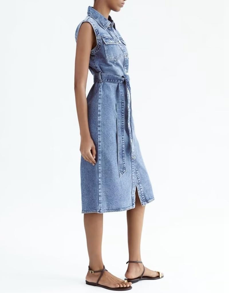 Dress for Women Casual Sleeveless Belted Button Down Midi Jean Dresses for Women 2025