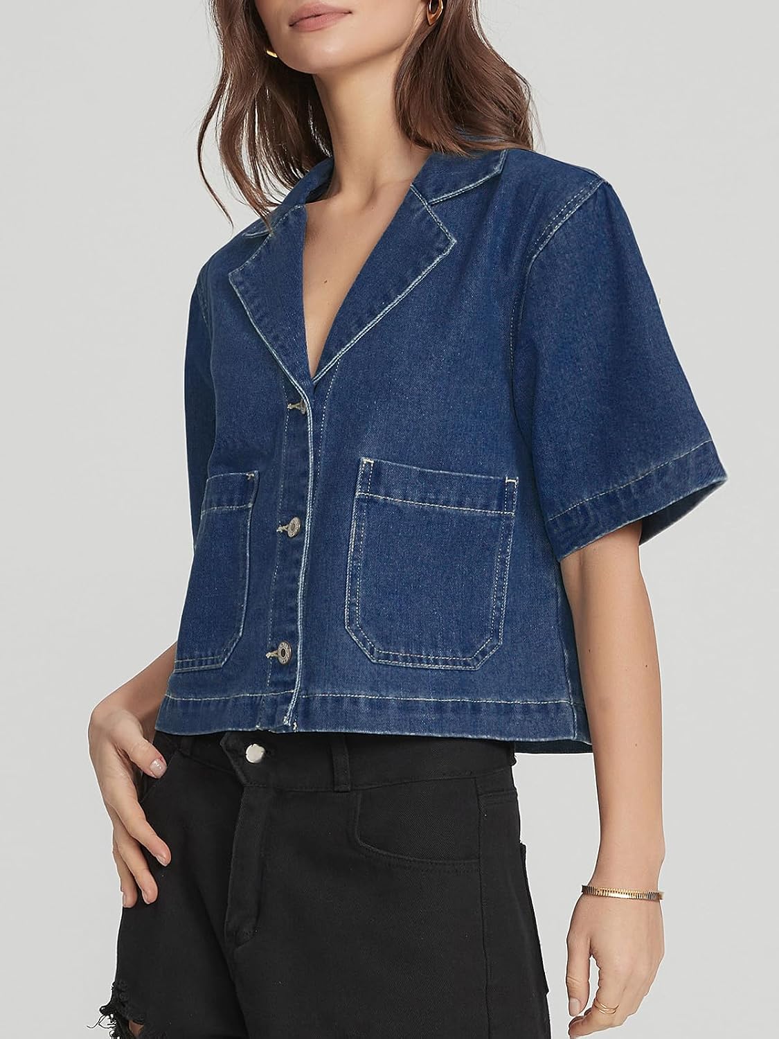 Women's Short Sleeve Jacket Cropped Boxy Button Front Jean Shirt Jacket Lightweight Jean Top with Pockets