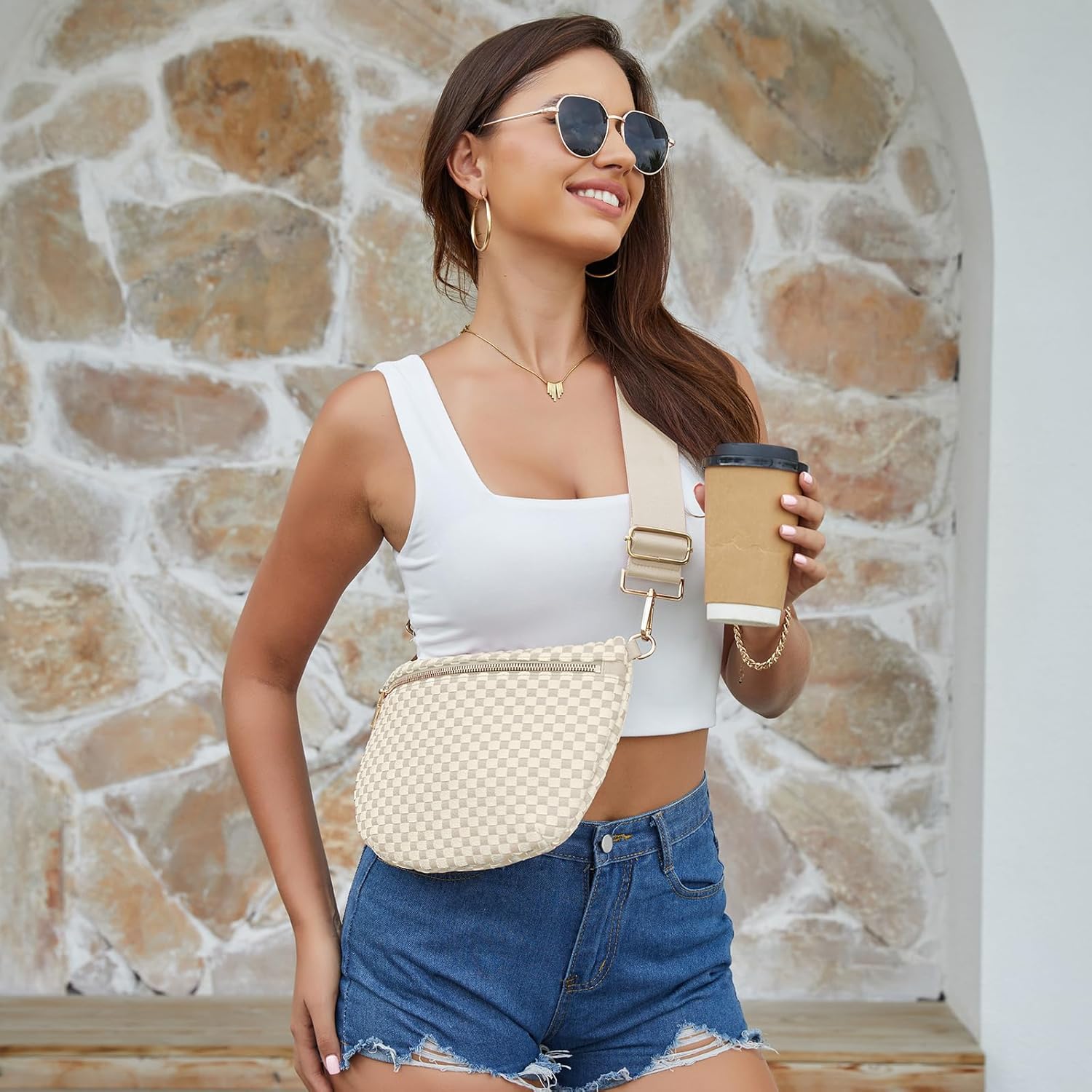 Woven Crossbody Bags for Women Checkered PU Bum Bag Waist Pack Travel Sling Purse with Adjustable Strap