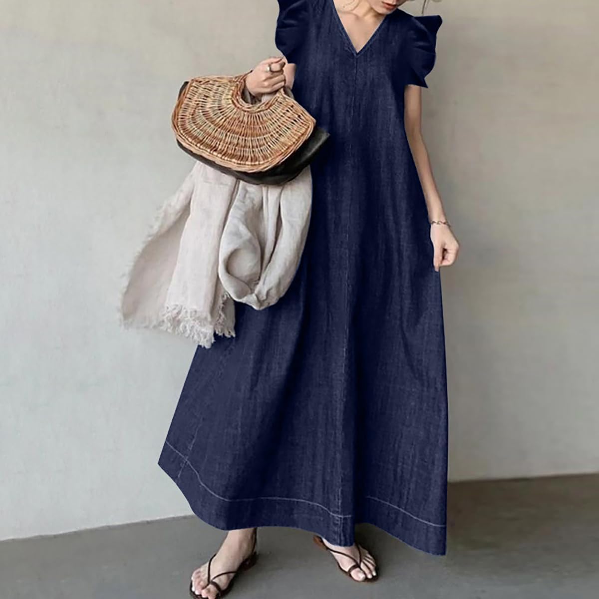 Dress for Womens Sleeveless Jeans Maxi Dress Summer Vintage Casual Loose Crewneck Tank Dress with Pockets