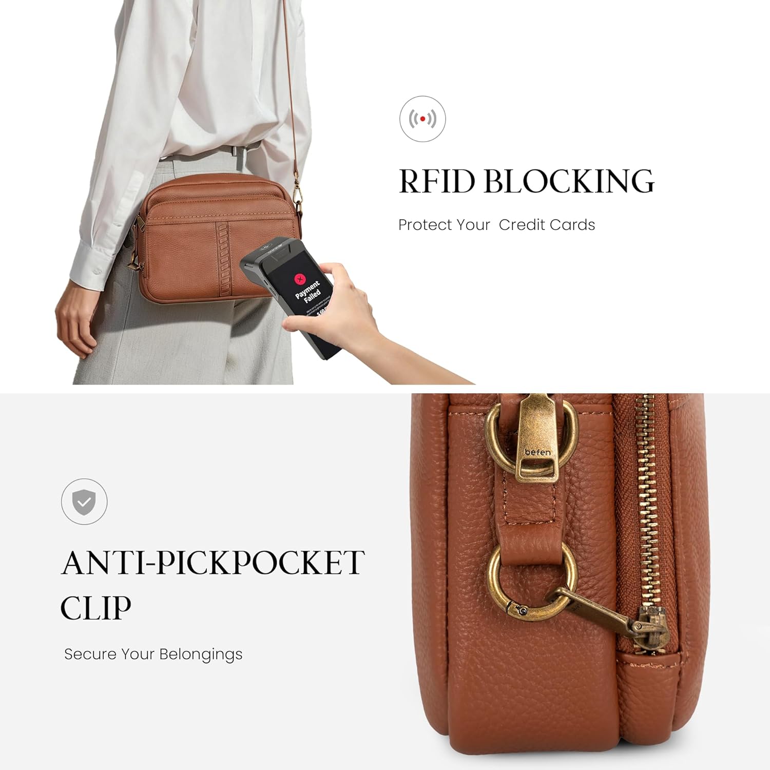Genuine Leather Crossbody Bag for Women Anti Theft Purse and Hangbags with Built in RFID Wallet