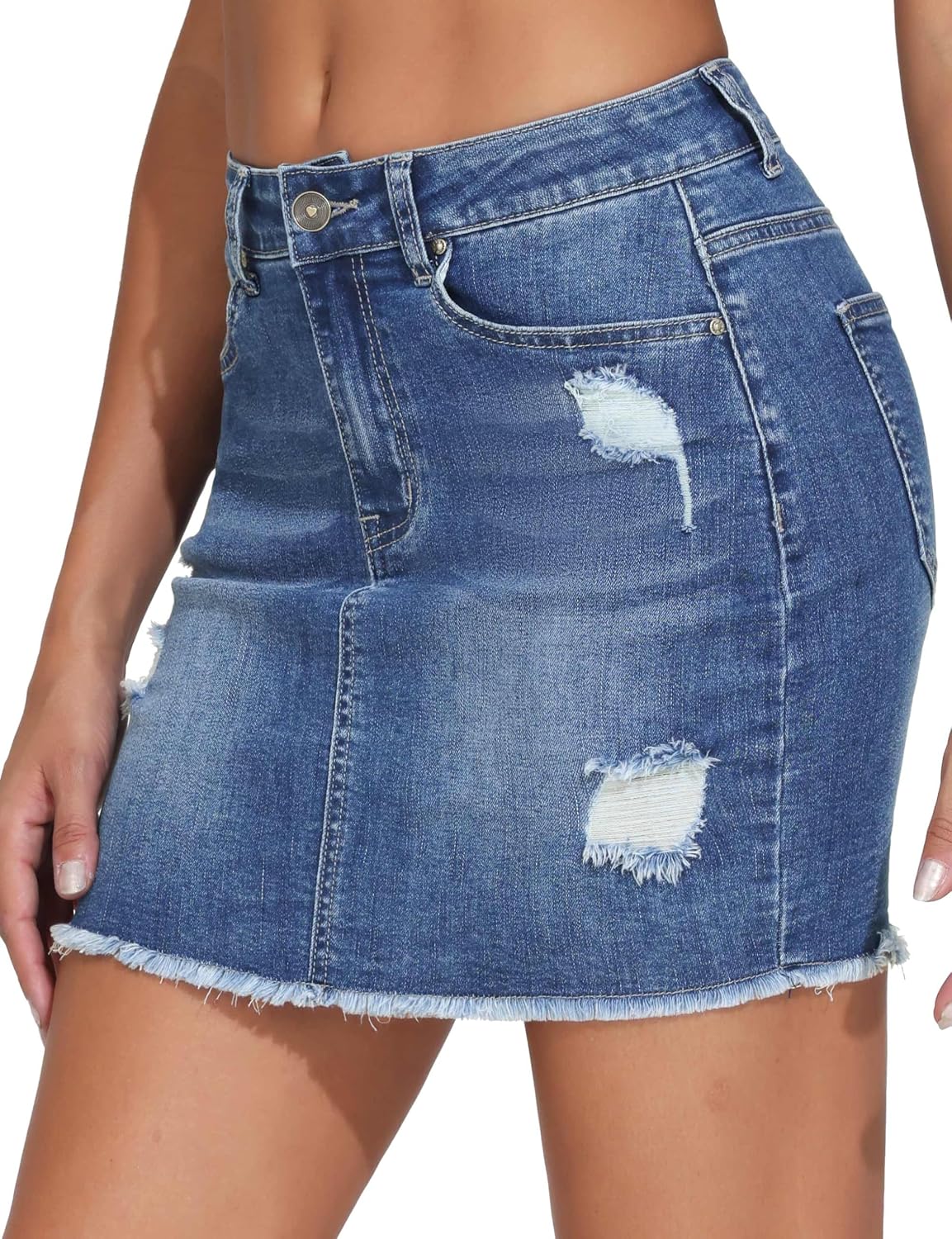 Women's Ripped Mini Skirts Stretchy Frayed Raw Hem Casual Trendy Jean Skirt with Pockets