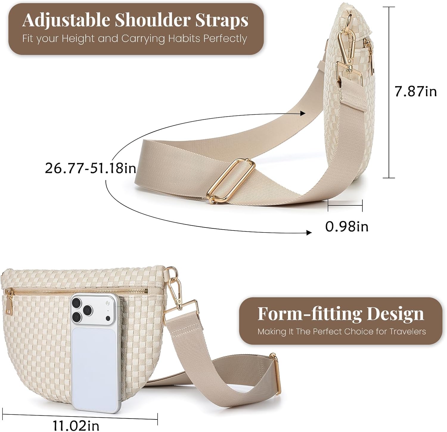 Woven Crossbody Bags for Women Checkered PU Bum Bag Waist Pack Travel Sling Purse with Adjustable Strap