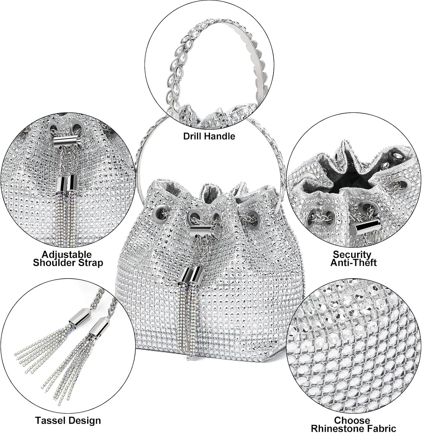 Sparkling Rhinestone Evening Clutch Handbag for Women Bucket Bag Handle Crossbody Bag with Zipper for Wedding Daily
