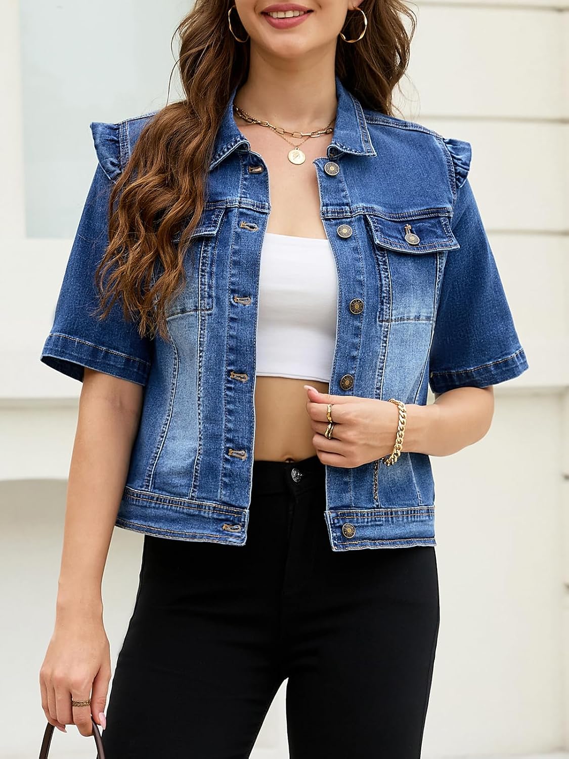 Women Short Sleeve Jacket Button Down Jean Shirt Jacket with Pockets Lightweight Summer Casual Stretch Top Women Short Sleeve Jacket Button Down Jean Shirt Jacket with Pockets Lightweight Summer Casual Stretch Top