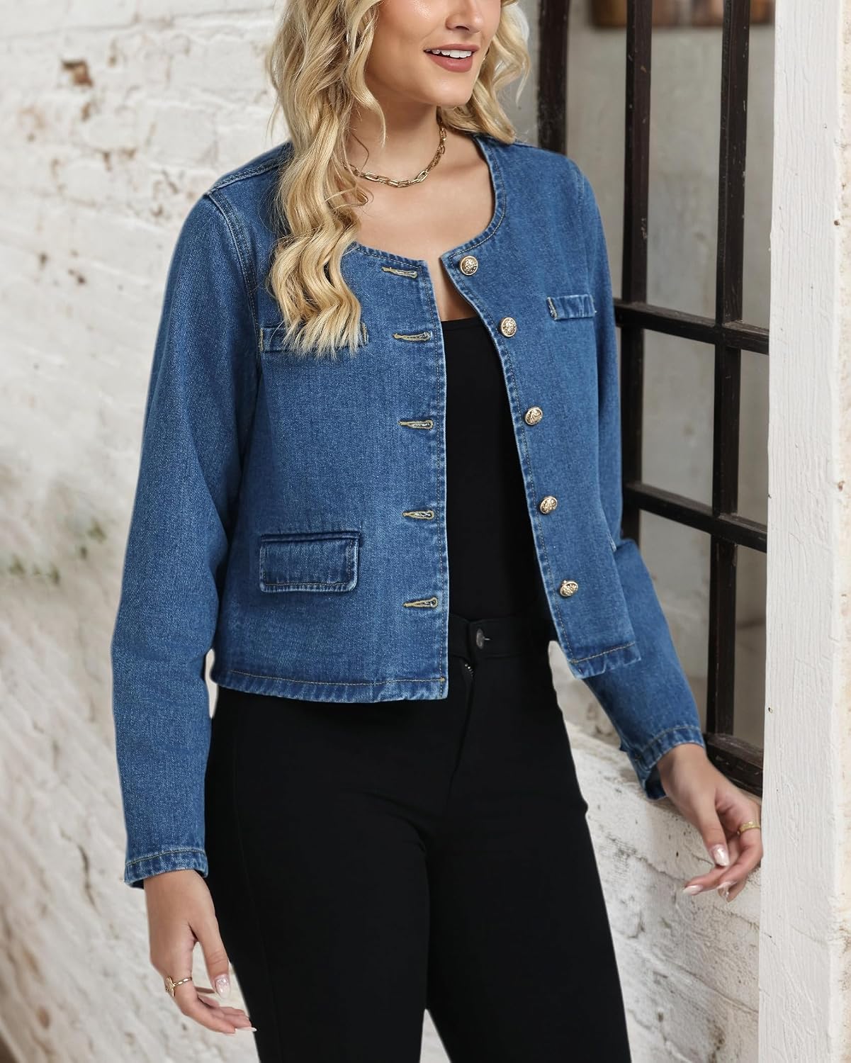 Jacket for Women Collarless Long Sleeve Button Down Cropped Jean Jacket Coat