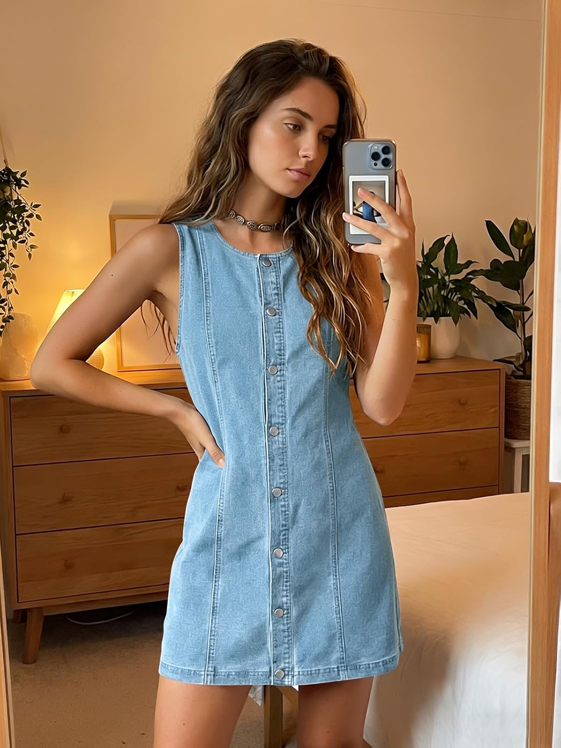 Womens Sleeveless Overalls Dresses Summer Button Down A Line Jean Mini Romper Dress with Pockets