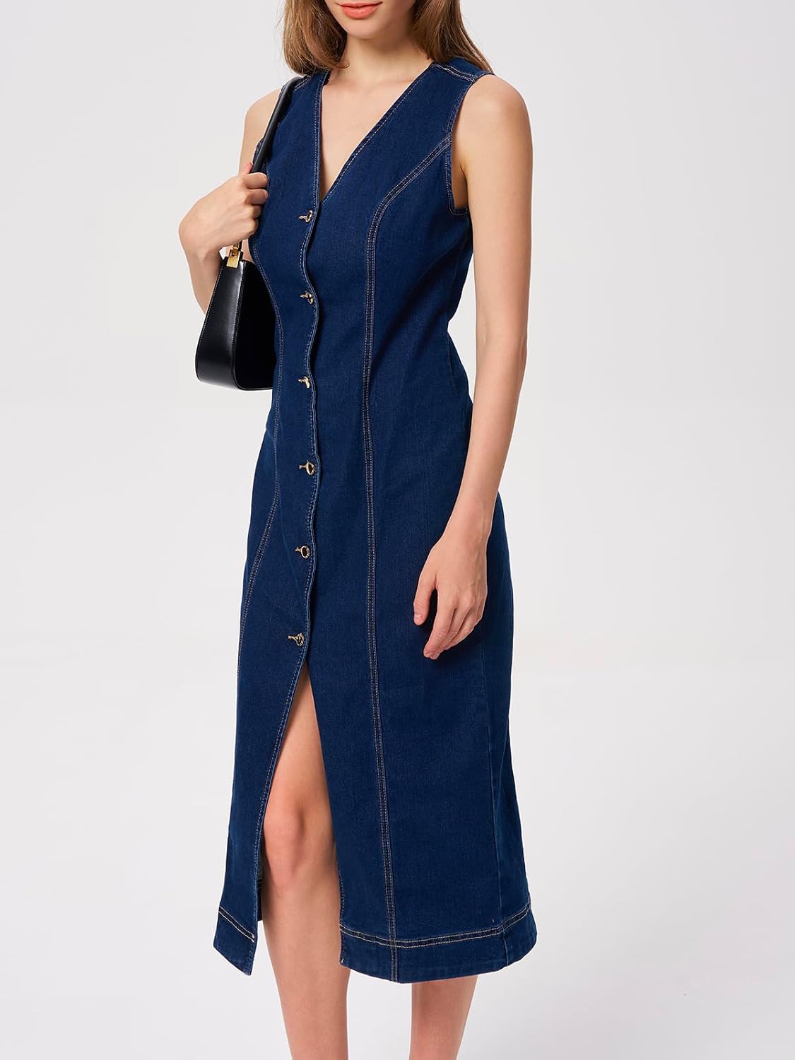 Midi Dress for Women Sleeveless V Neck Button Down Fitted Shift Stretch Tank Long Jean Dress
