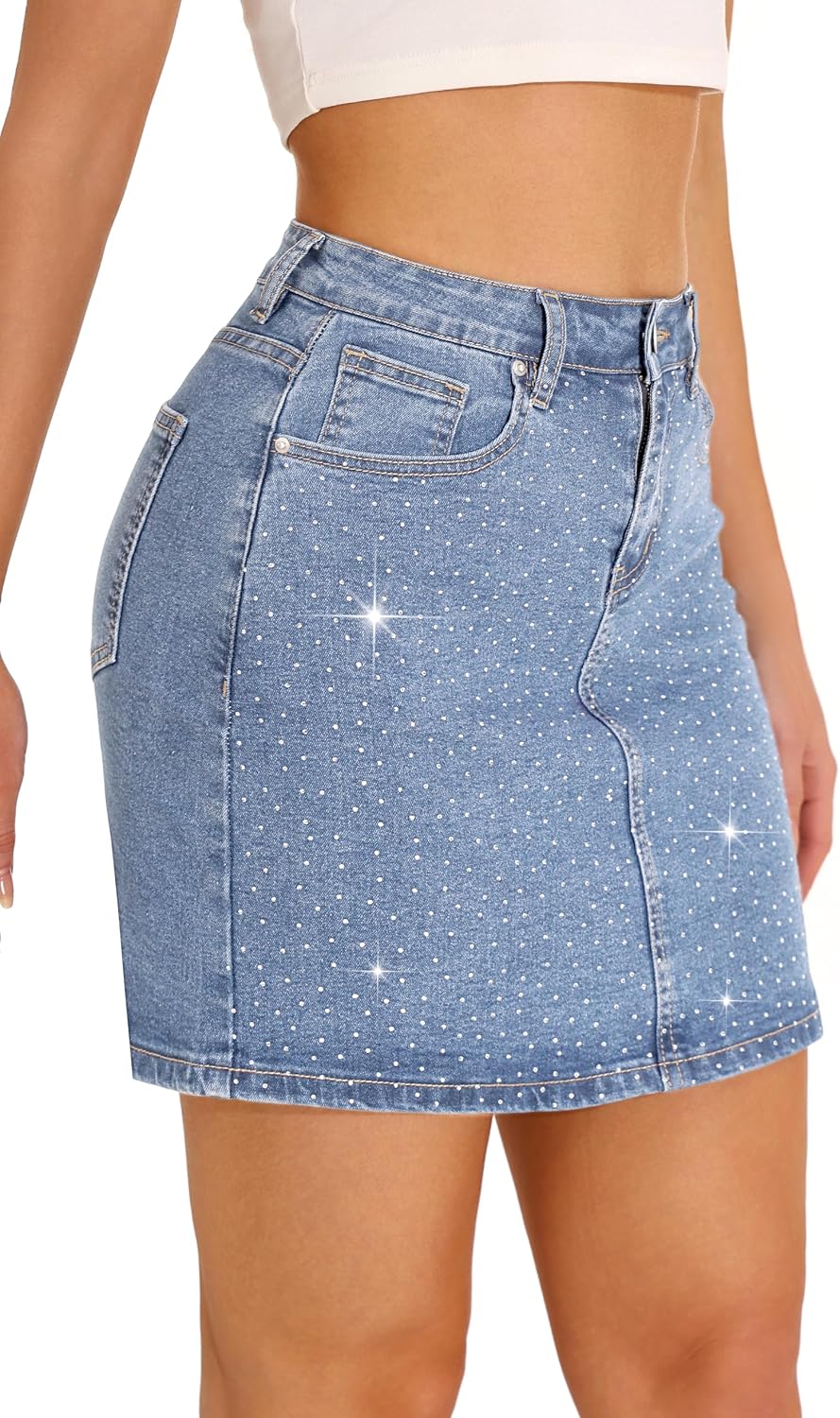 Jean Skirts for Women Sparkle Rhinestone Diamond High Waisted Stretch Mini Skirt