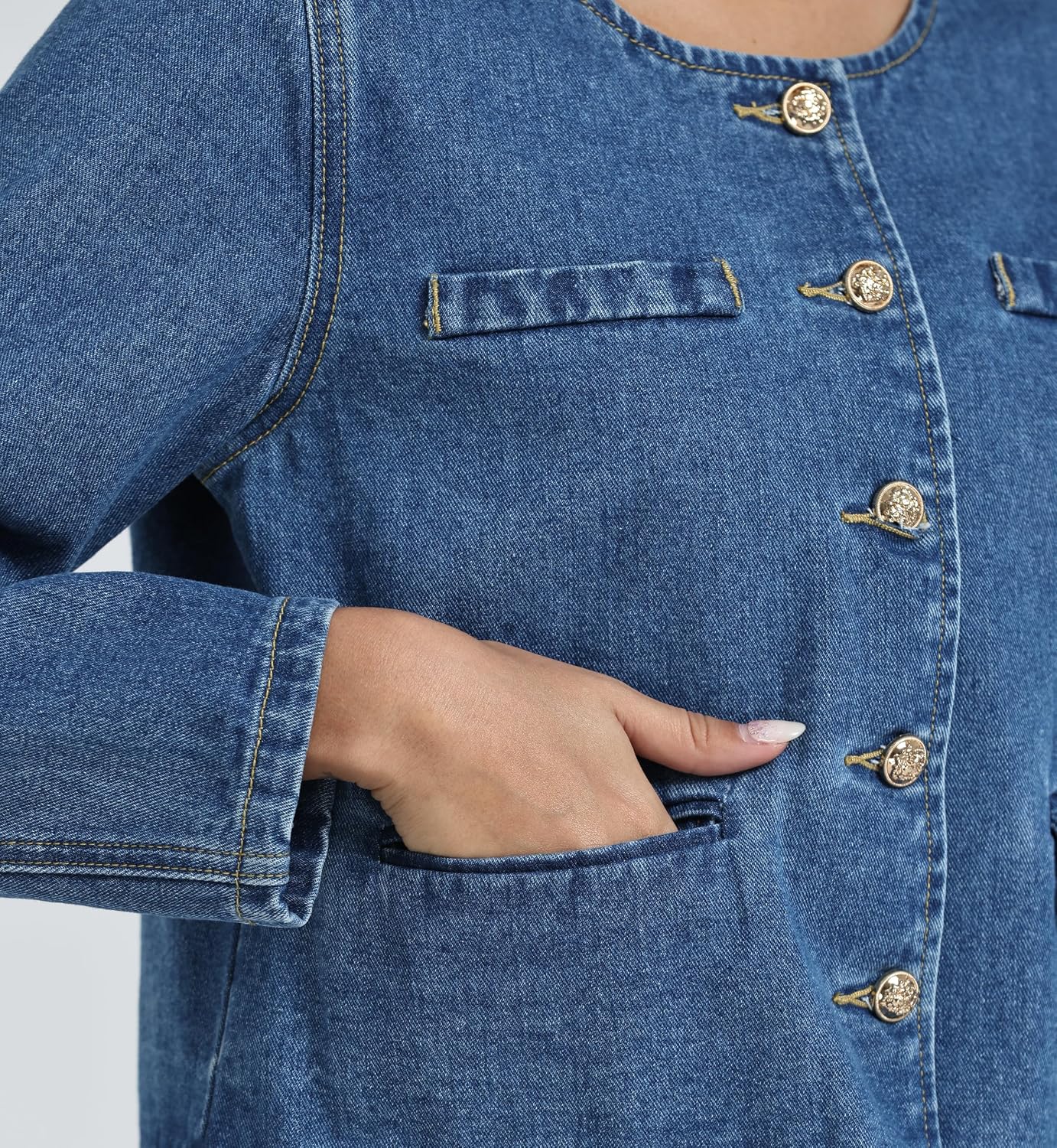 Jacket for Women Collarless Long Sleeve Button Down Cropped Jean Jacket Coat
