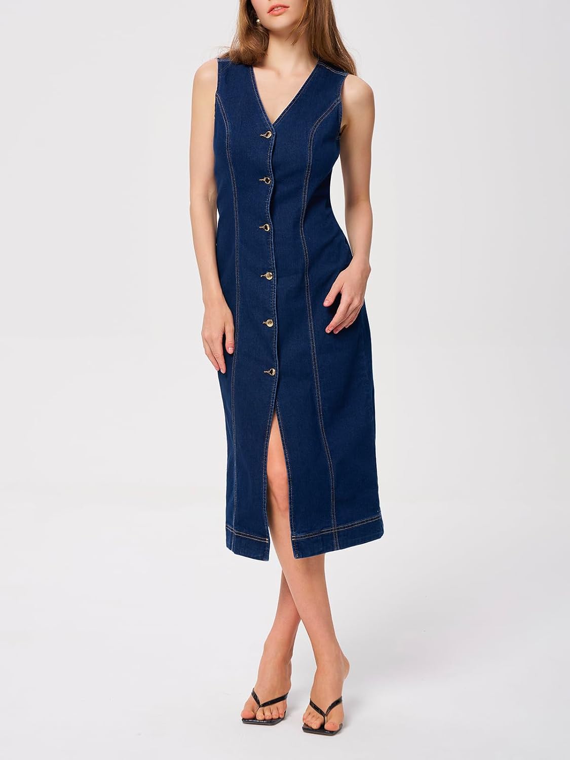 Midi Dress for Women Sleeveless V Neck Button Down Fitted Shift Stretch Tank Long Jean Dress
