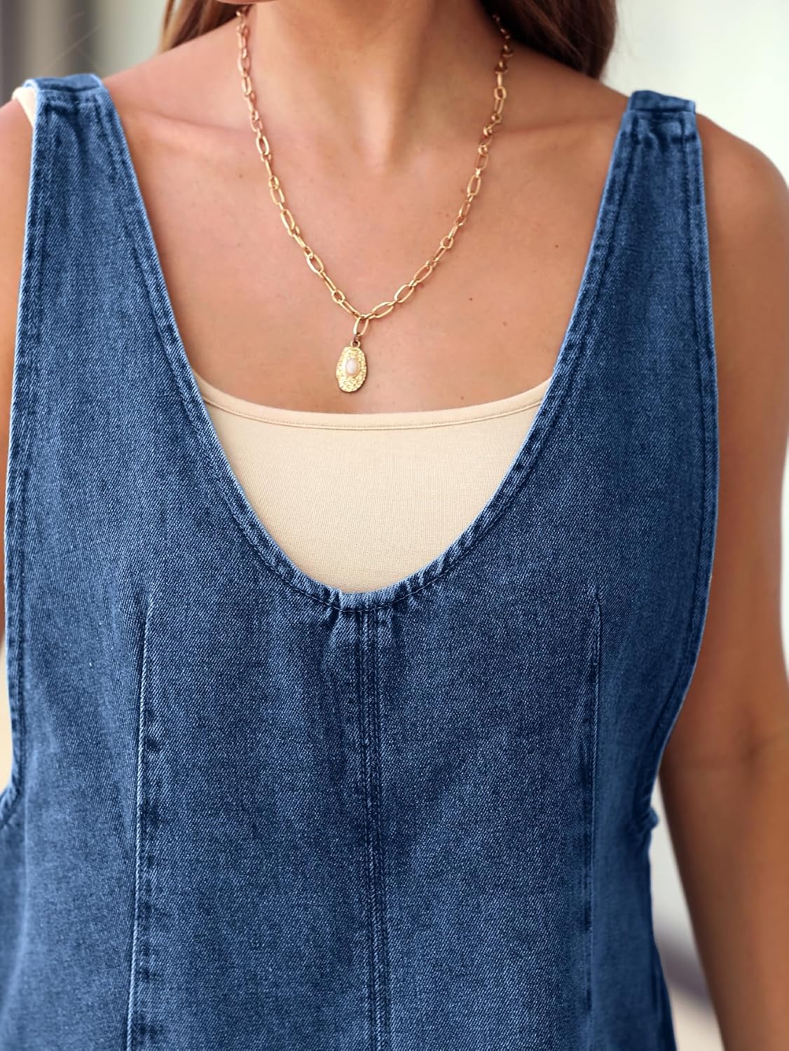 Women's V Neck Sleeveless Overall Dress Casual Mini Pinafore Dress Short Jumper Jeans Dress with Pocket