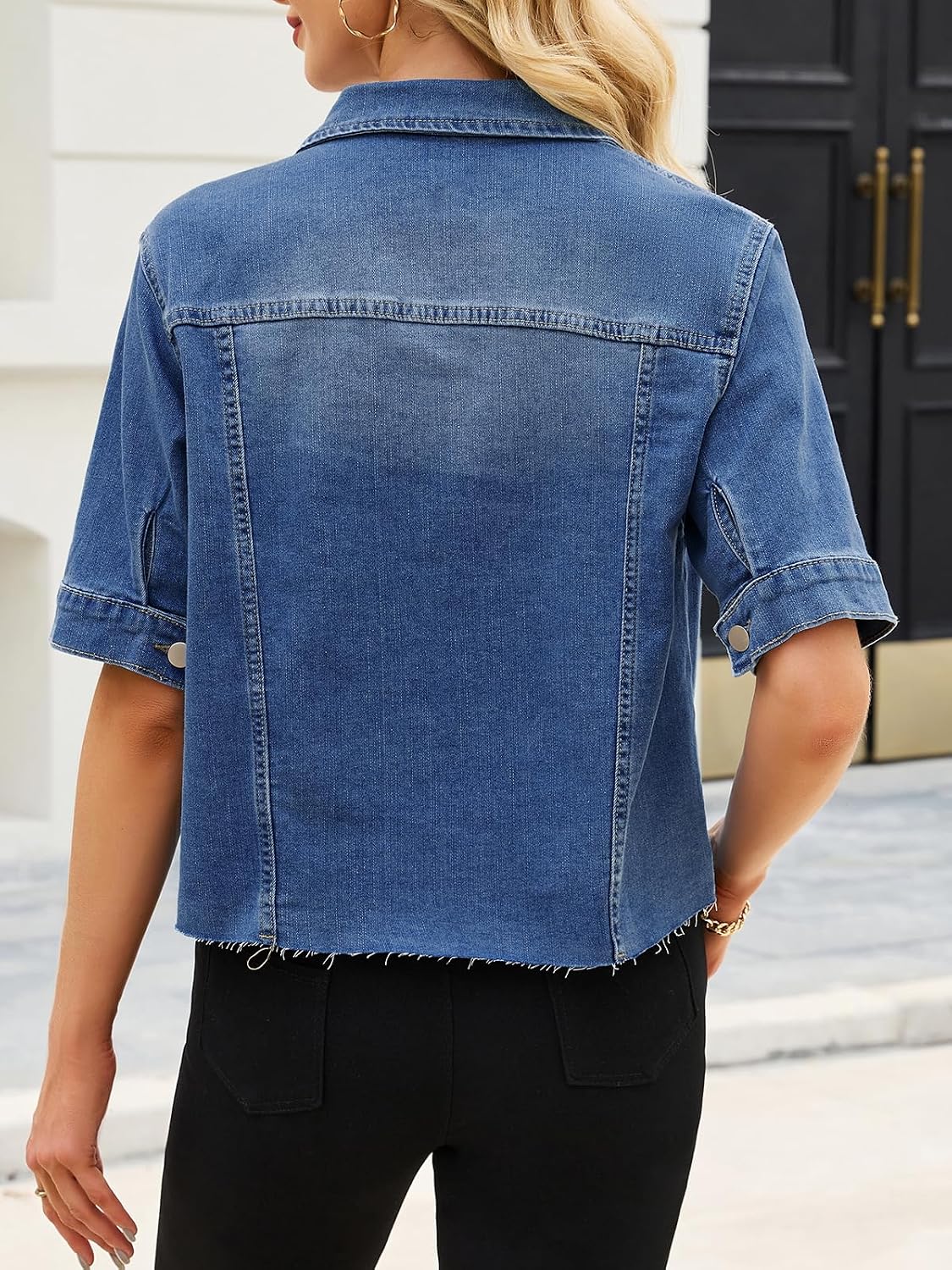 Cropped Jacket for Women Short Sleeve Button Front Lightweight Frayed Hem Summer Stretchy Jean Jacket Top Cropped Jacket for Women Short Sleeve Button Front Lightweight Frayed Hem Summer Stretchy Jean Jacket Top