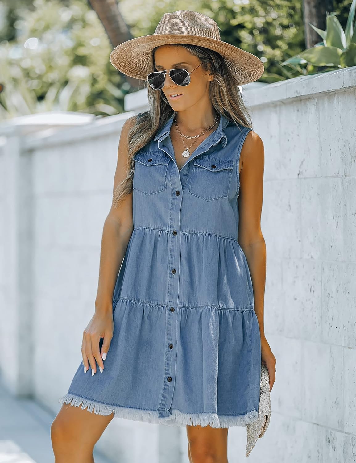 Women's Casual Summer Lapel Sleeveless Button Down Short Jean Dress