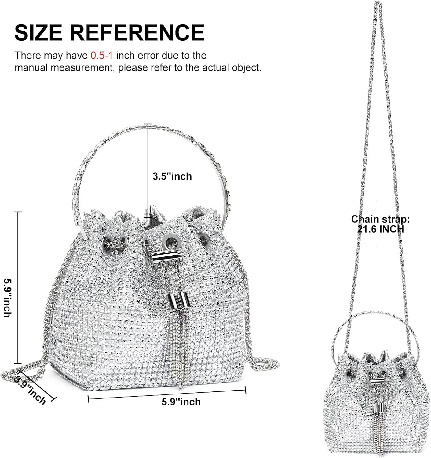Sparkling Rhinestone Evening Clutch Handbag for Women Bucket Bag Handle Crossbody Bag with Zipper for Wedding Daily