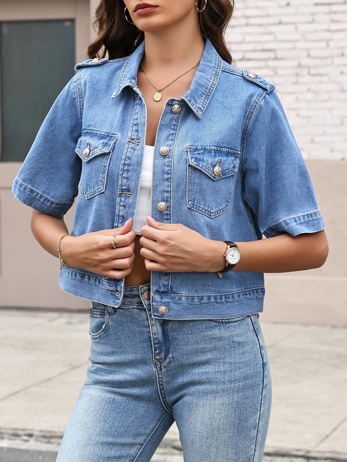 Cropped Jacket for Women Short Sleeve Button Front Lightweight Summer Jean Jacket