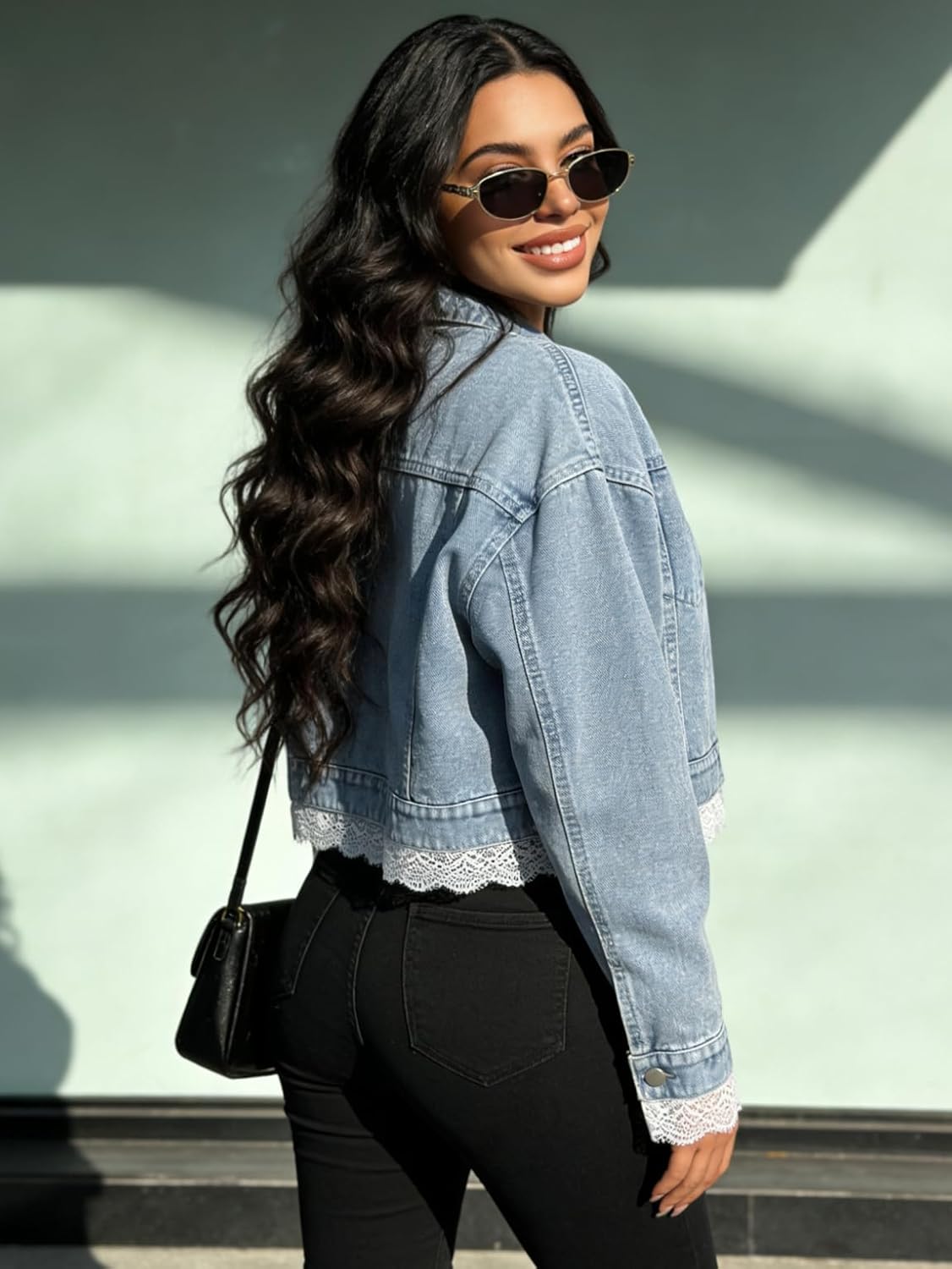 Cropped Jean Jacket for Women with Lace Trim Casual Washed Long Sleeve Jacket