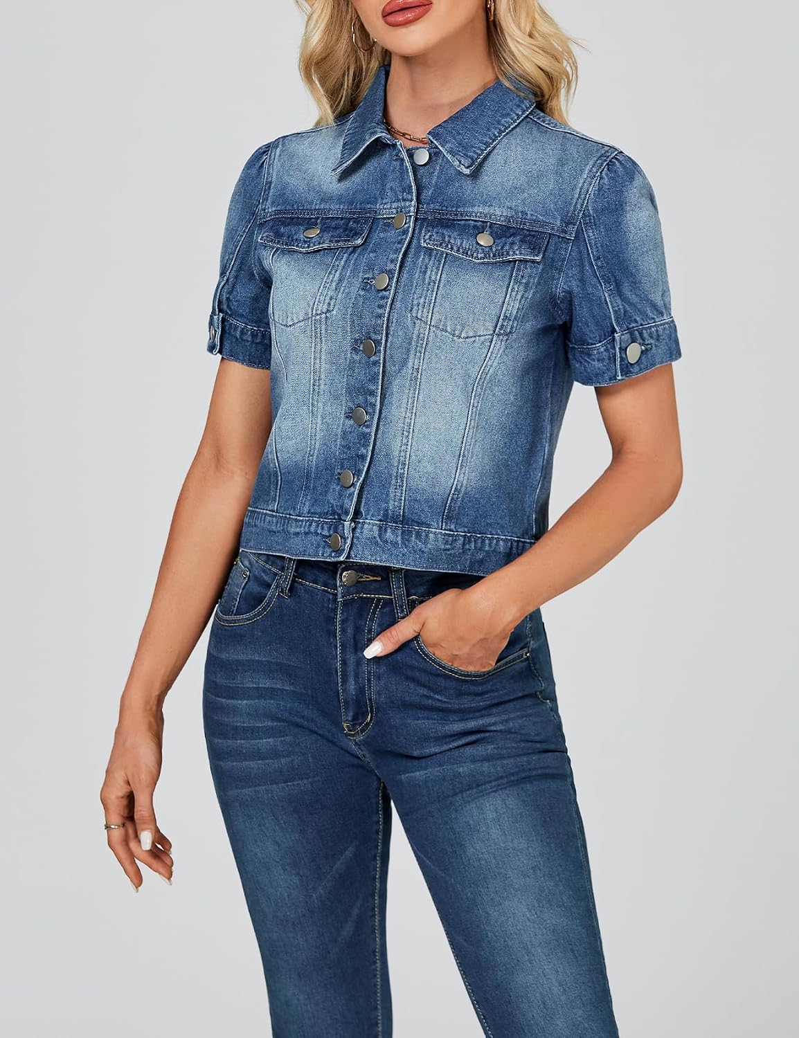 Short Sleeve Jacket for Women Cropped Puff Jean Jackets Summer Crop Cardigan Trucker Coat