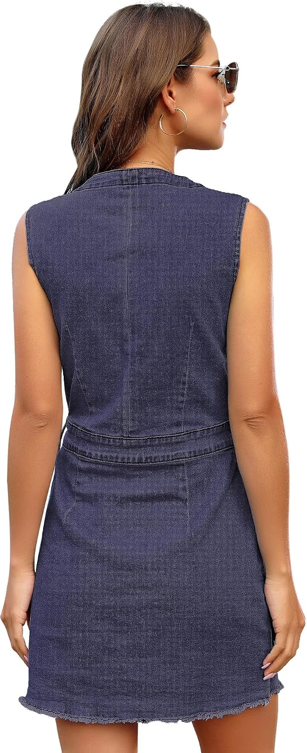 Women Sleeveless V Neck Button Down Frayed Hem Short Dress Women Sleeveless V Neck Button Down Frayed Hem Short Dress