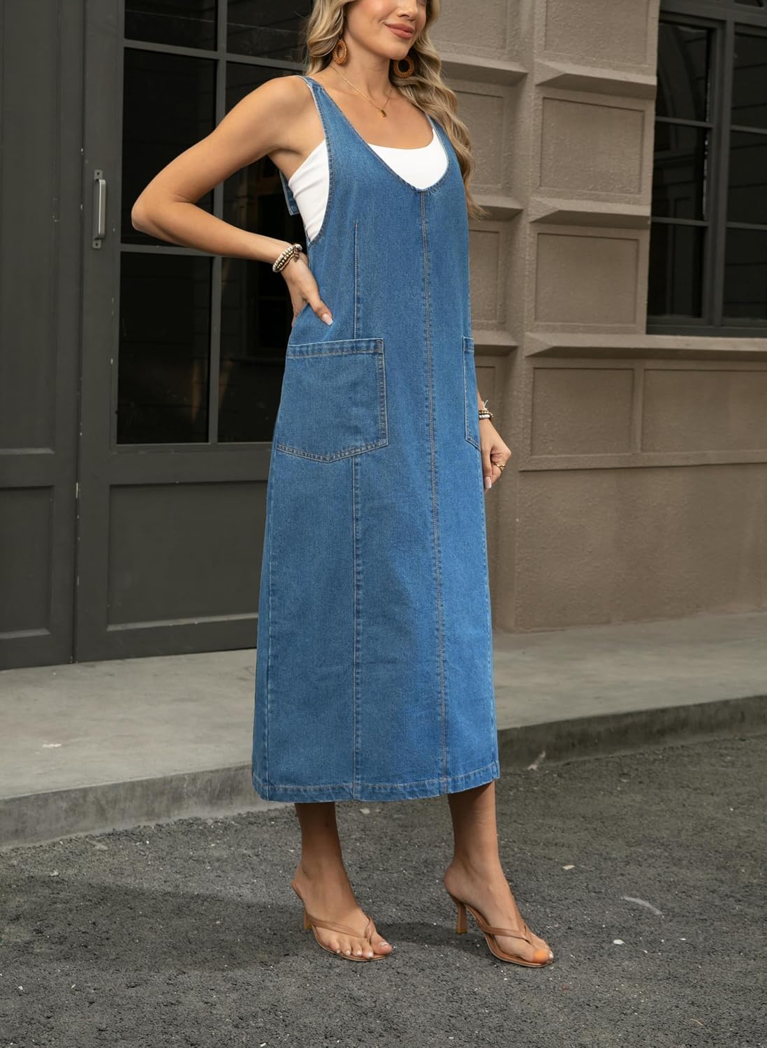 Women's V Neck Sleeveless Overall Dress Adjustable Strap Vintage Back Slit Midi Jean Dress with Pockets