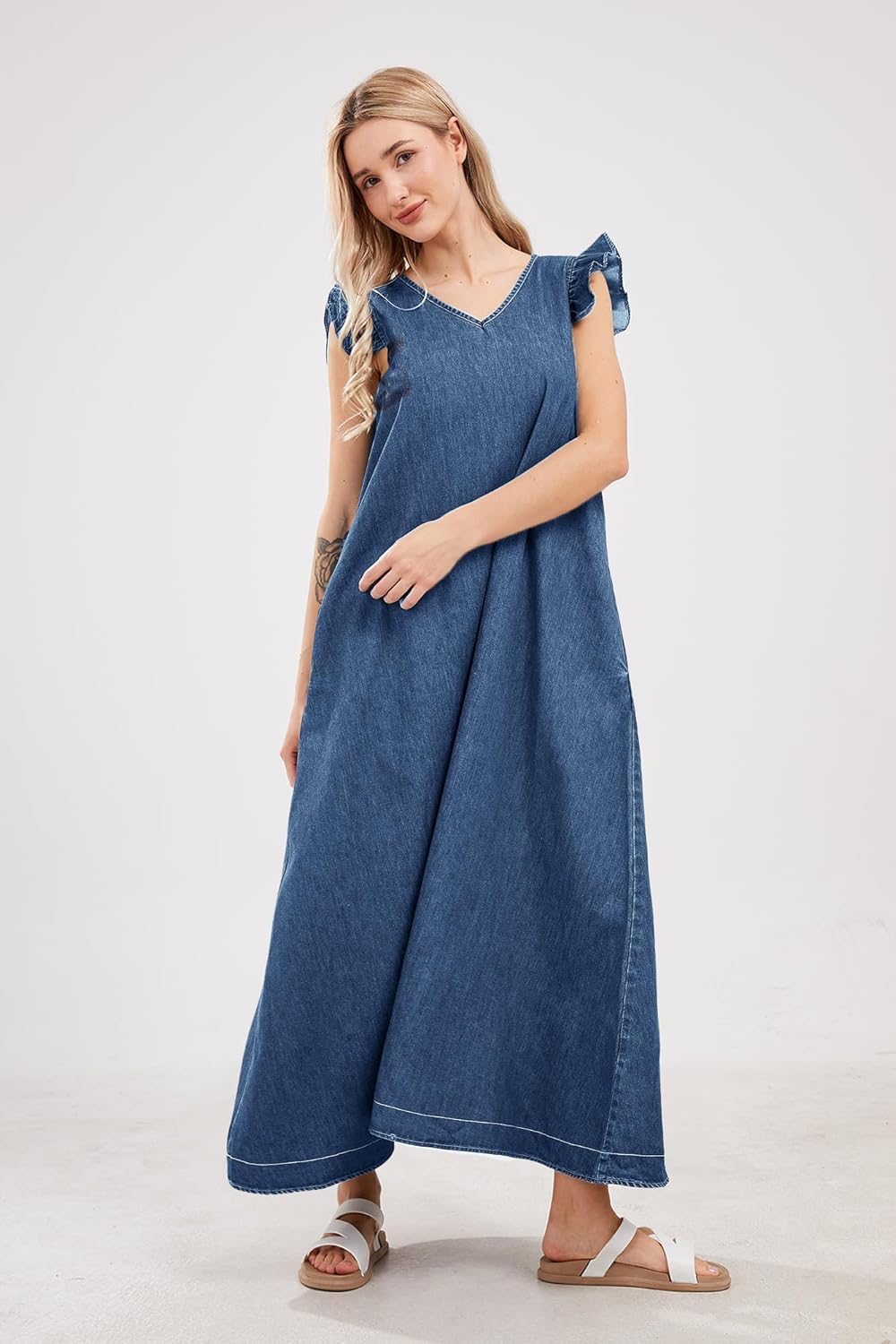 Womens Long Dress Casual Loose Fit Ruffle Sleeveless V-Neck Jean Maxi Dresses for Women 2026