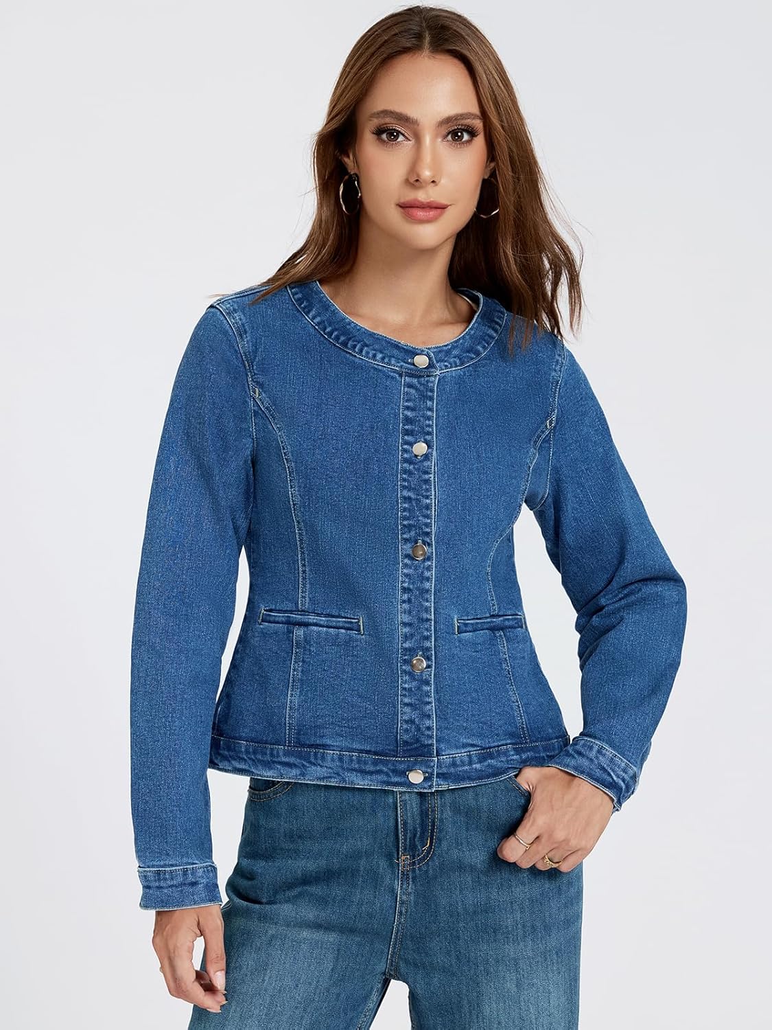 Cropped Jacket for Women Stretch Collarless Jean Jackets Slim Spring Crop Shacket Tendy