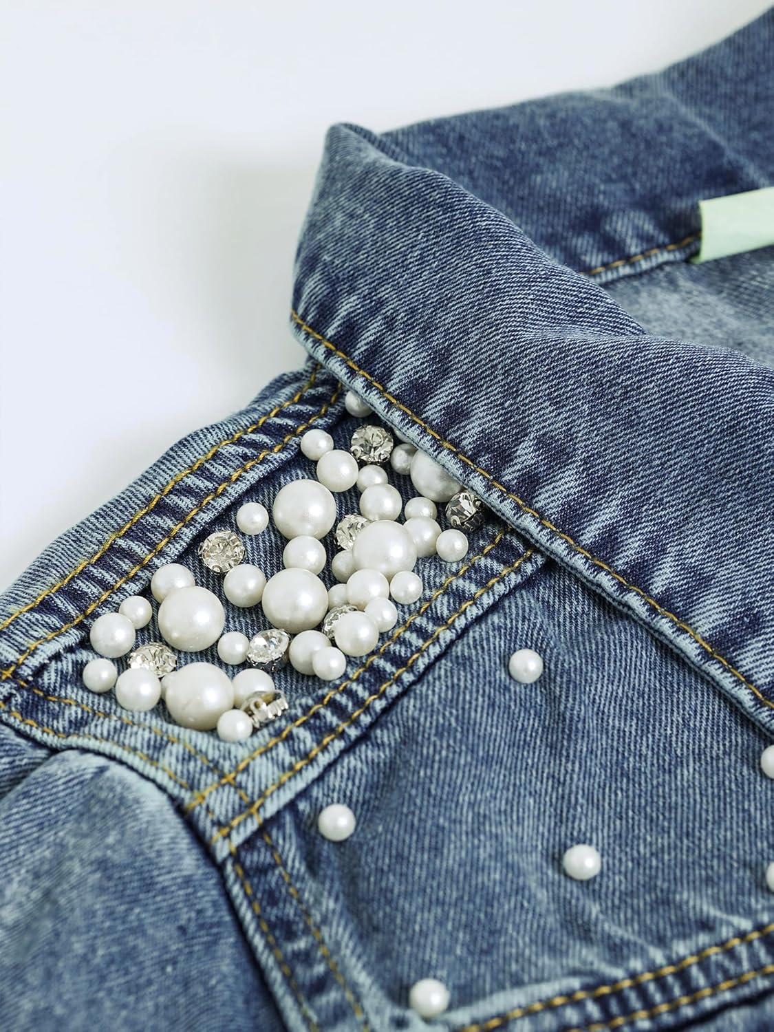 Women's Pearls Jacket 3\/4 Sleeve Cropped Rhinestones Jean Jackets Trucker Coat