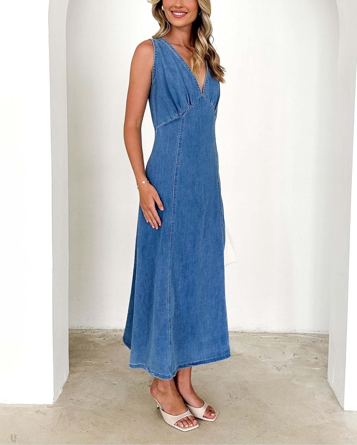 Women's Summer Dress Sleeveless V Neck High Waist Trendy Casual A Line Jean Maxi Dress