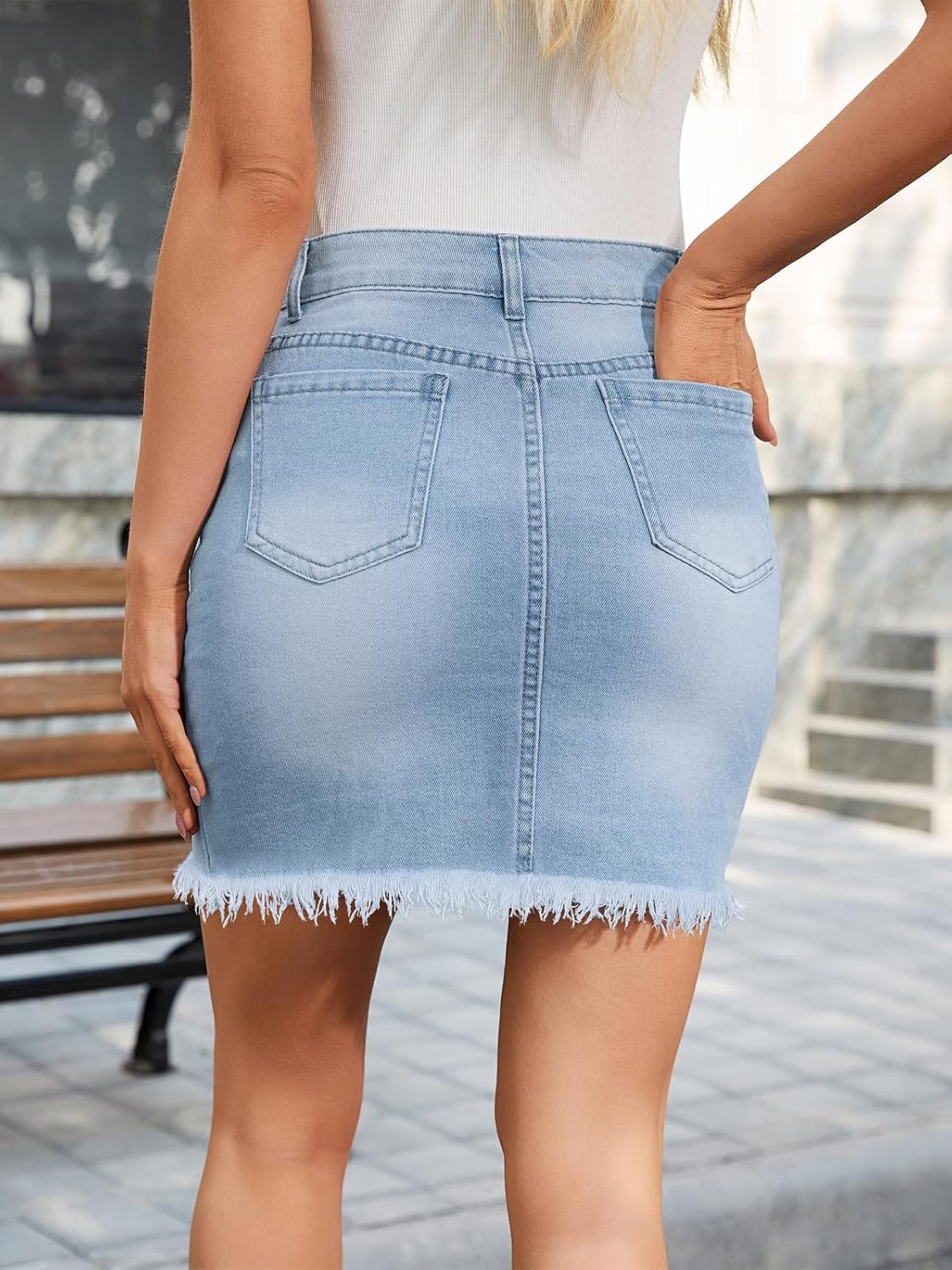 Women's Bodycon Mini Skirt High Waist Casual Washed Frayed Stretchy Jean Skirts with Pocket for Women