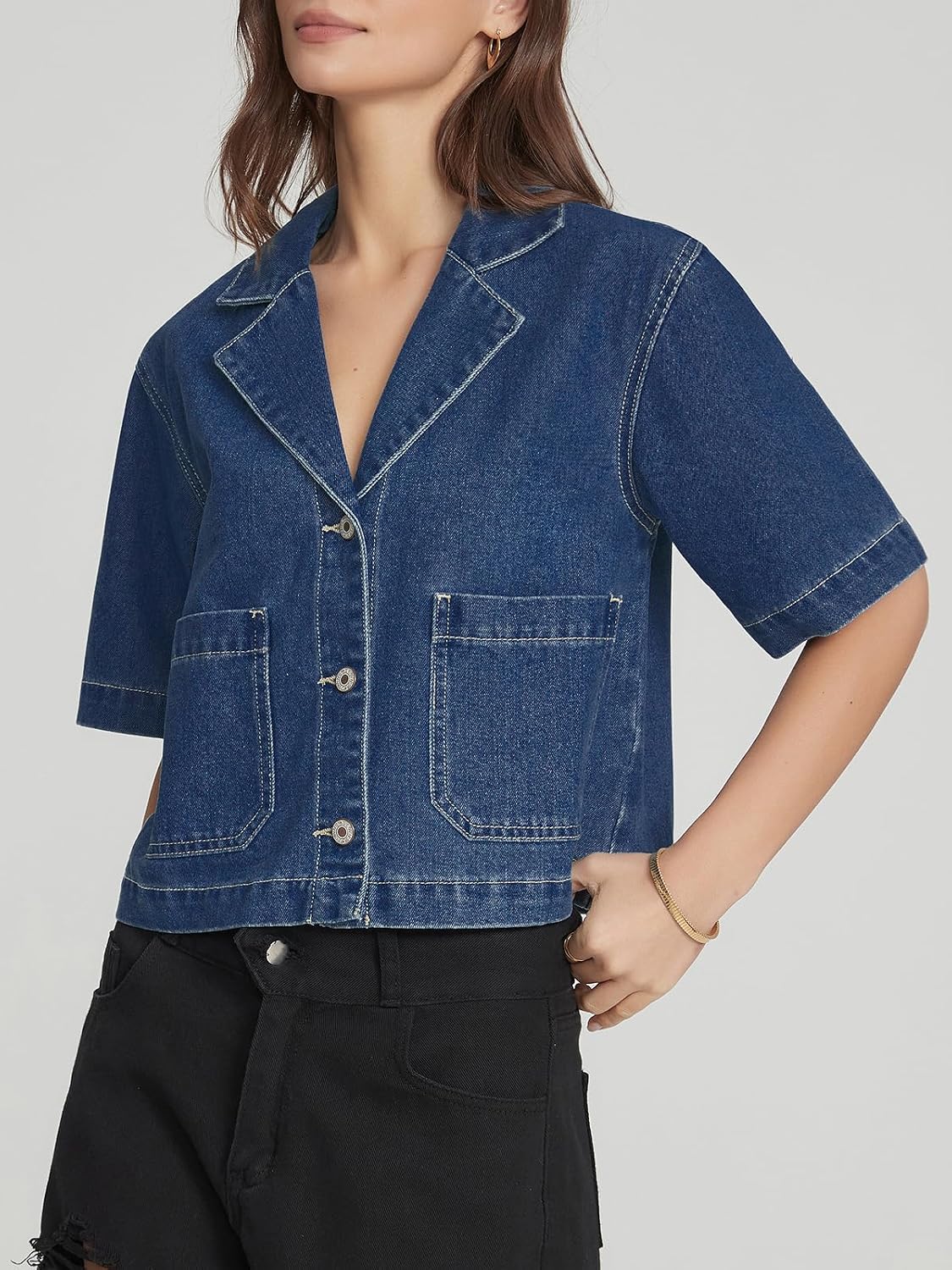 Women's Short Sleeve Jacket Cropped Boxy Button Front Jean Shirt Jacket Lightweight Jean Top with Pockets