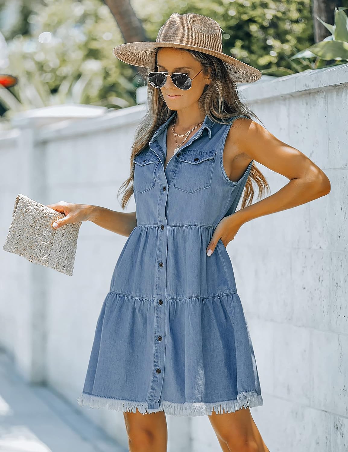 Women's Casual Summer Lapel Sleeveless Button Down Short Jean Dress