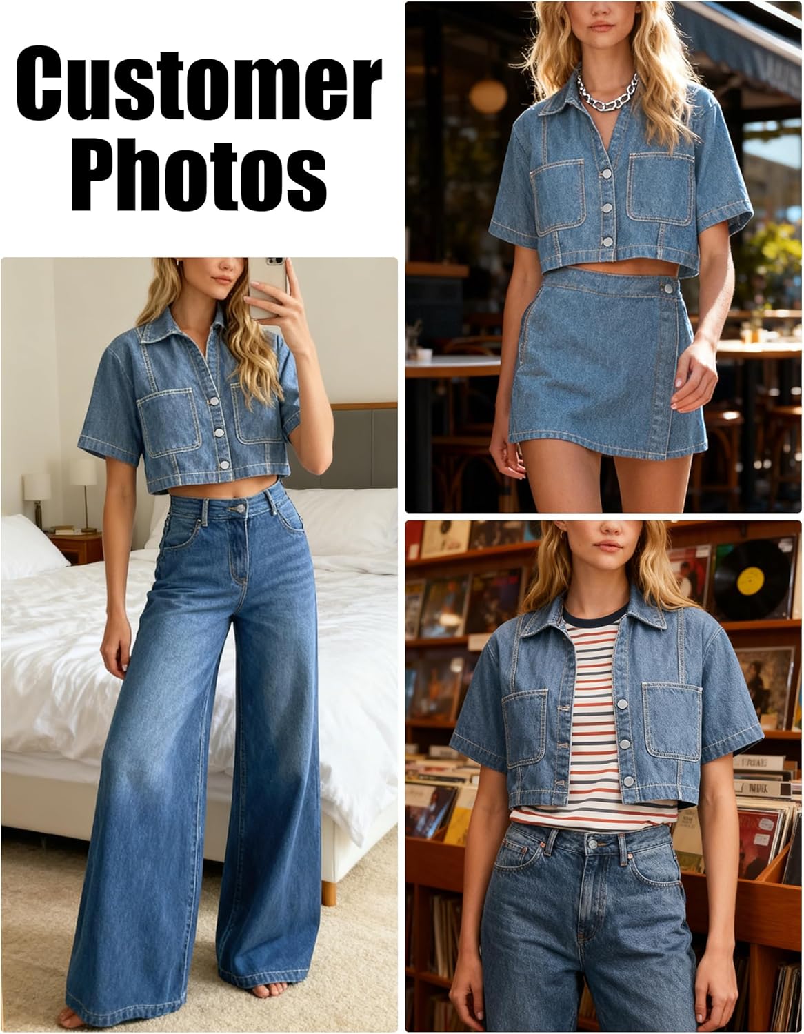Women's Top, Short Sleeve Cropped Jacket Button Down Casual Jean Jacket Shirt with Pocket