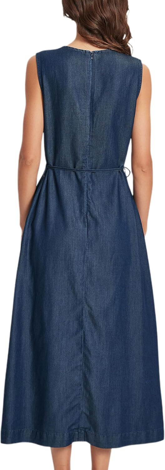 Womens Midi Dress Sleeveless Crewneck Tunic Jean Dress Casual Summer Chambray Shift Dresses with Pockets