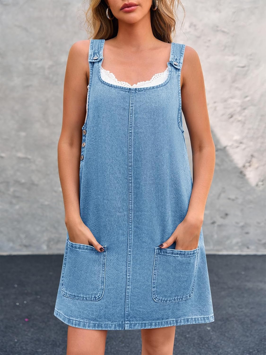 Women's Sleeveless Casual Dress Crewneck Vintage Loose Jean Overall Dress with Pockets
