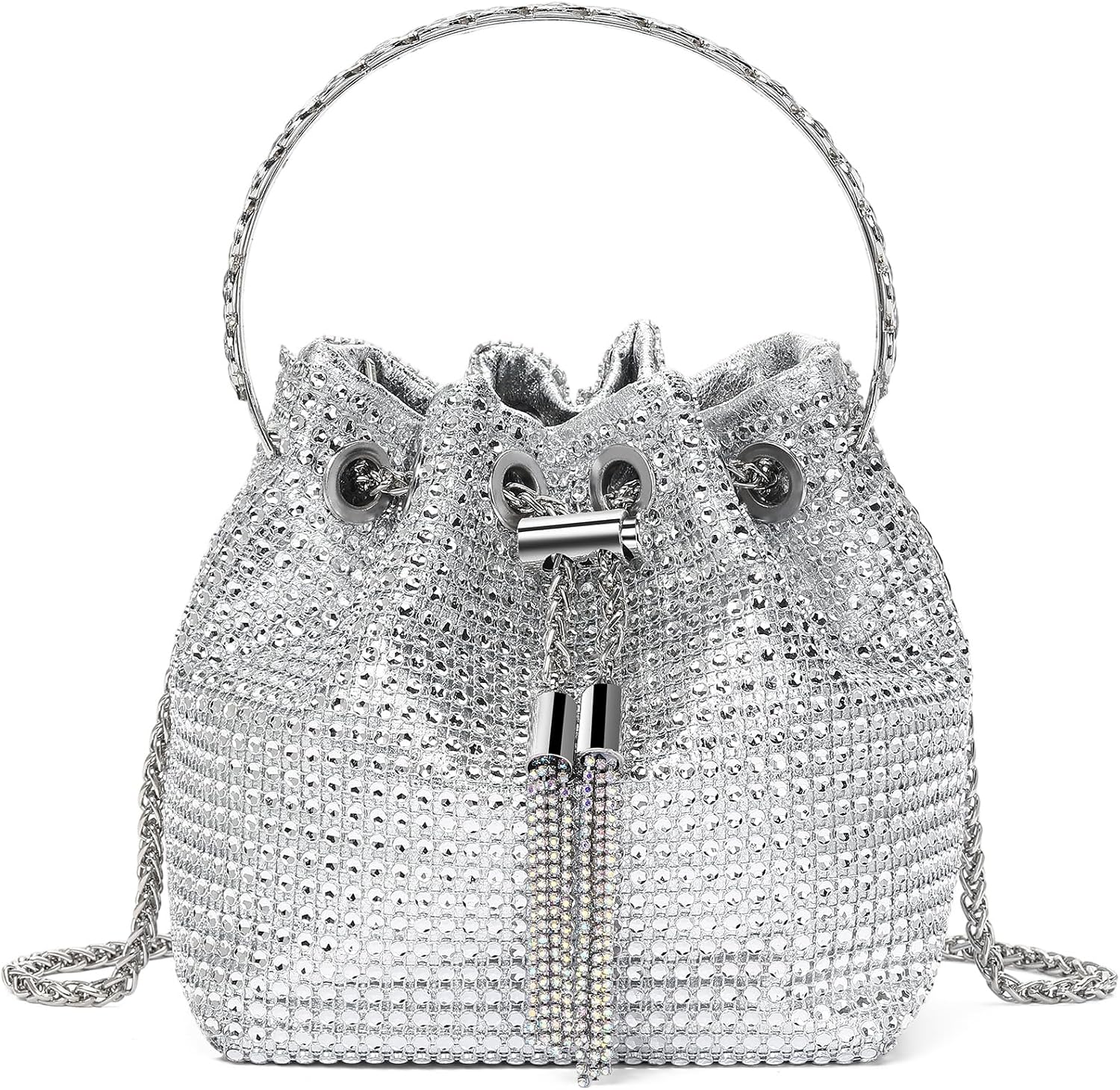 Sparkling Rhinestone Evening Clutch Handbag for Women Bucket Bag Handle Crossbody Bag with Zipper for Wedding Daily