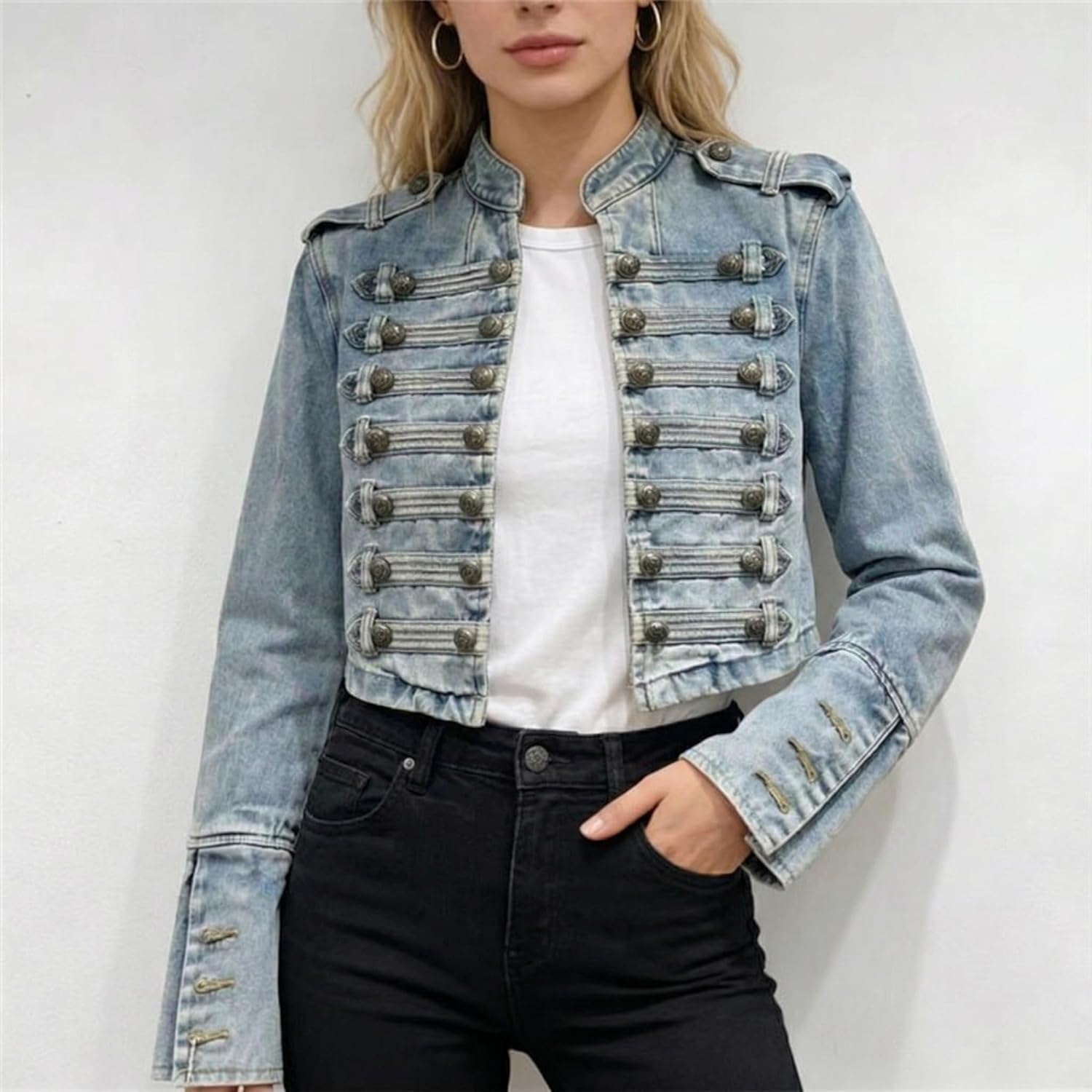 Women's Military Jacket Steampunk Jean Jacket Stand Collar Vintage Gothic Coat Double Breasted Jean Jacket