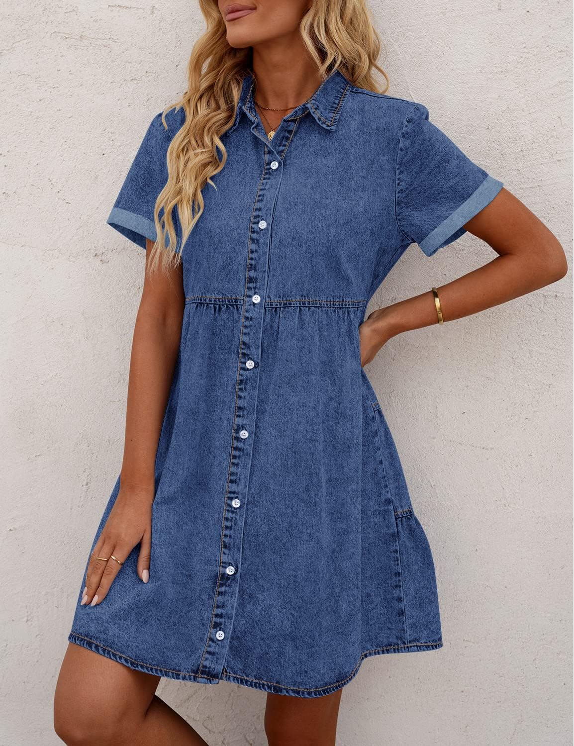 Dress for Women Babydoll Tiered Short Sleeve Button Down Jean Shirt Dresses