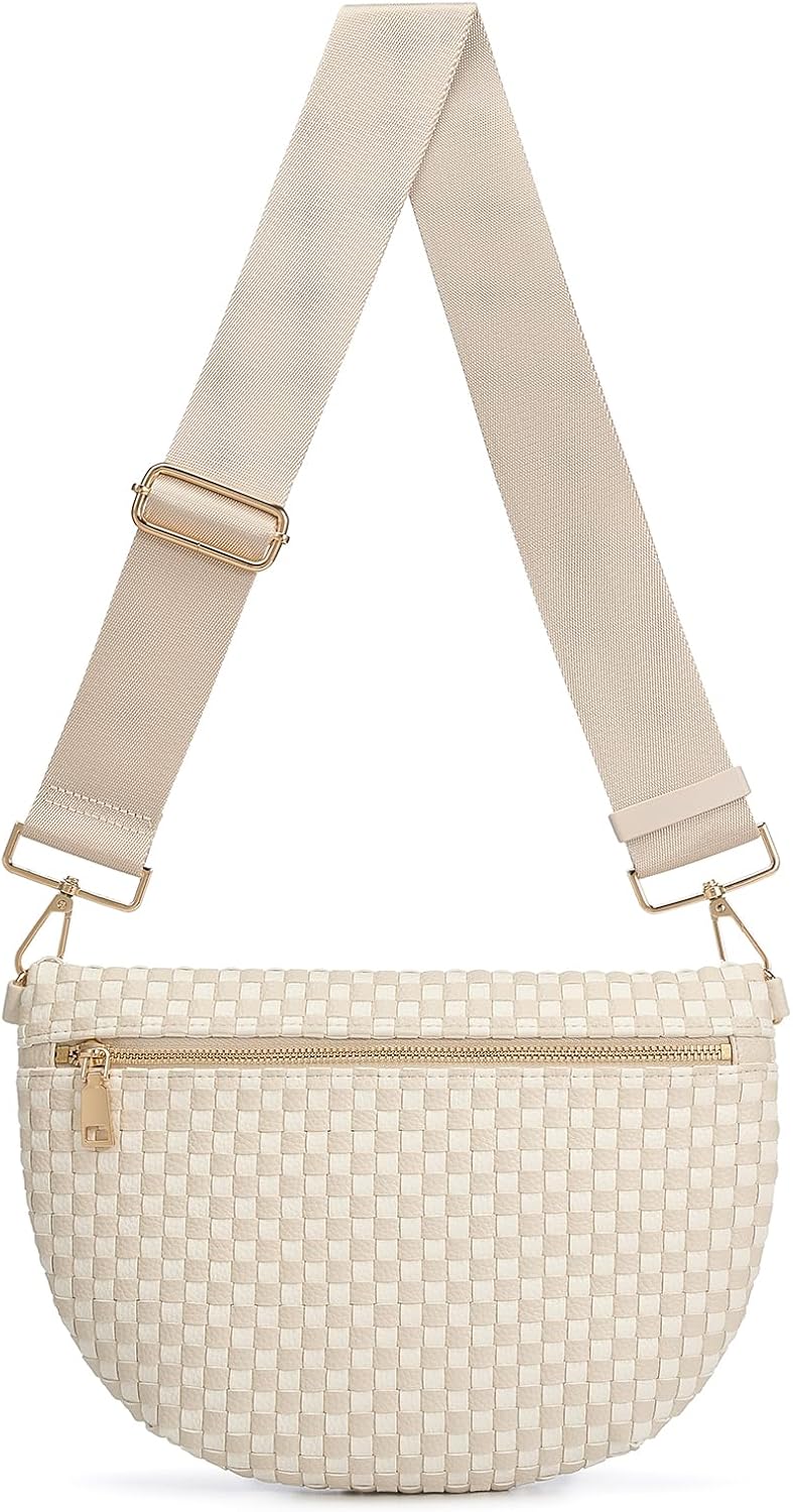 Woven Crossbody Bags for Women Checkered PU Bum Bag Waist Pack Travel Sling Purse with Adjustable Strap