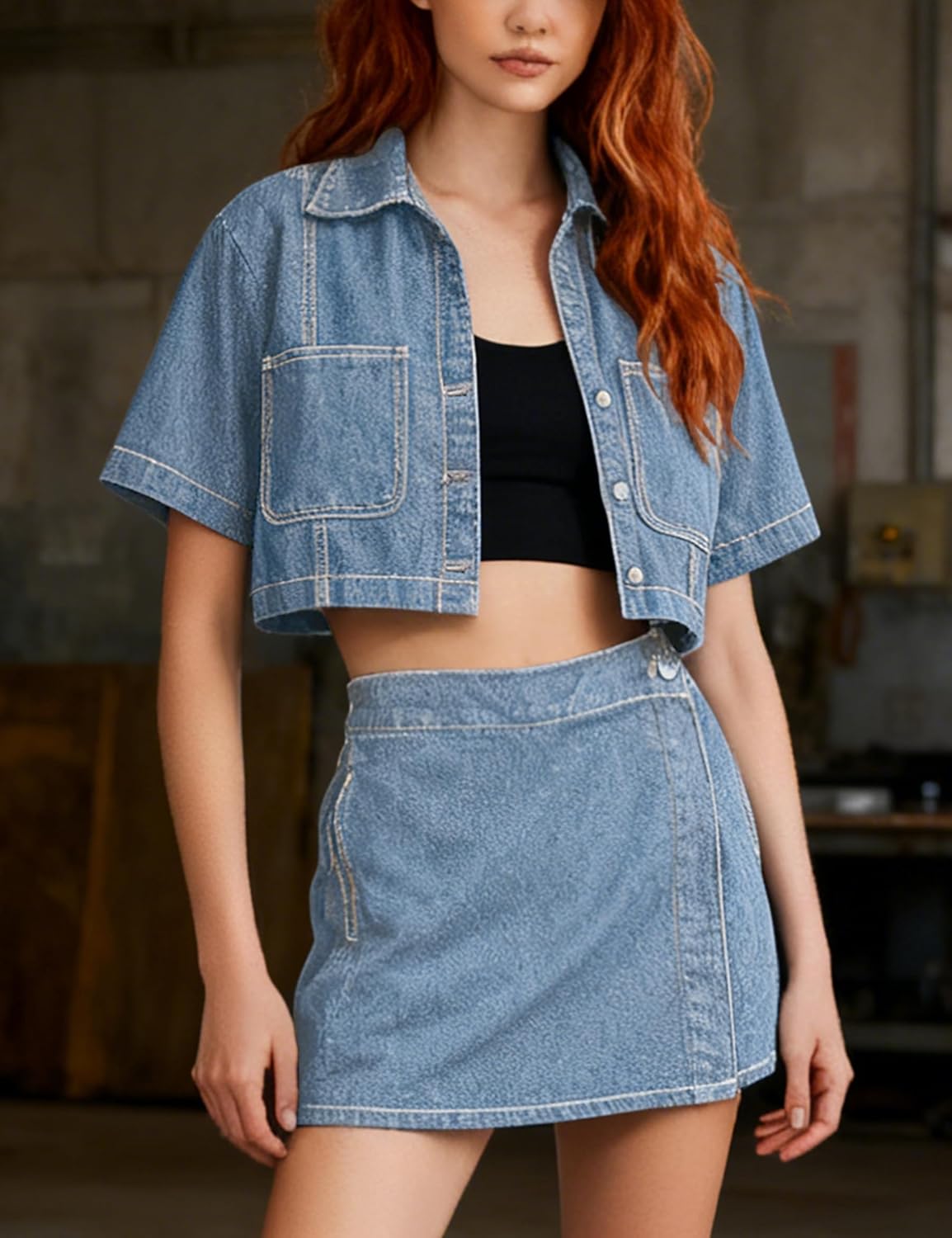Women's Top, Short Sleeve Cropped Jacket Button Down Casual Jean Jacket Shirt with Pocket