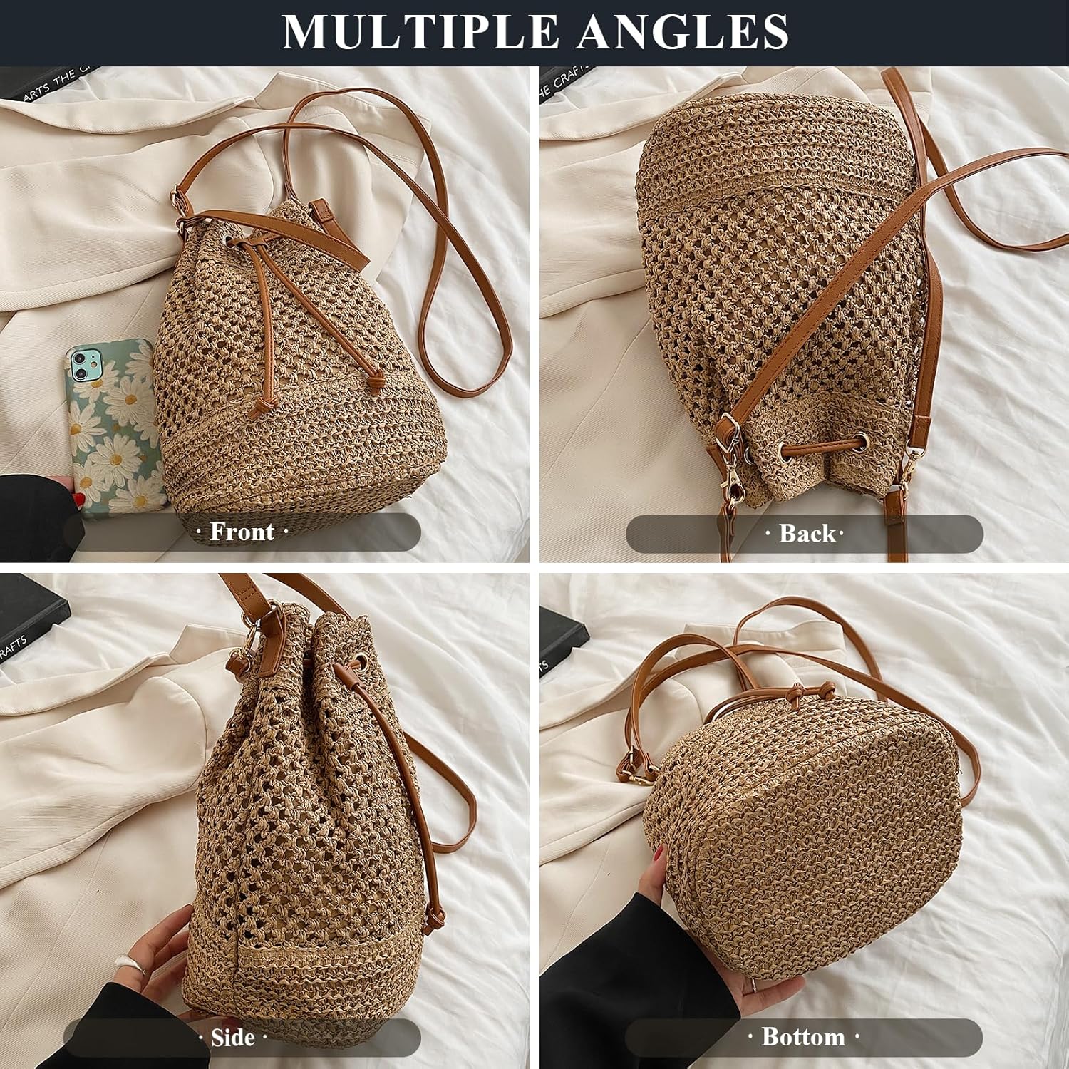 Straw Bucket Bag Summer Small Woven Crossbody Bags for Women Hobo Drawstring Purse Vacation Handbags Beach Bag
