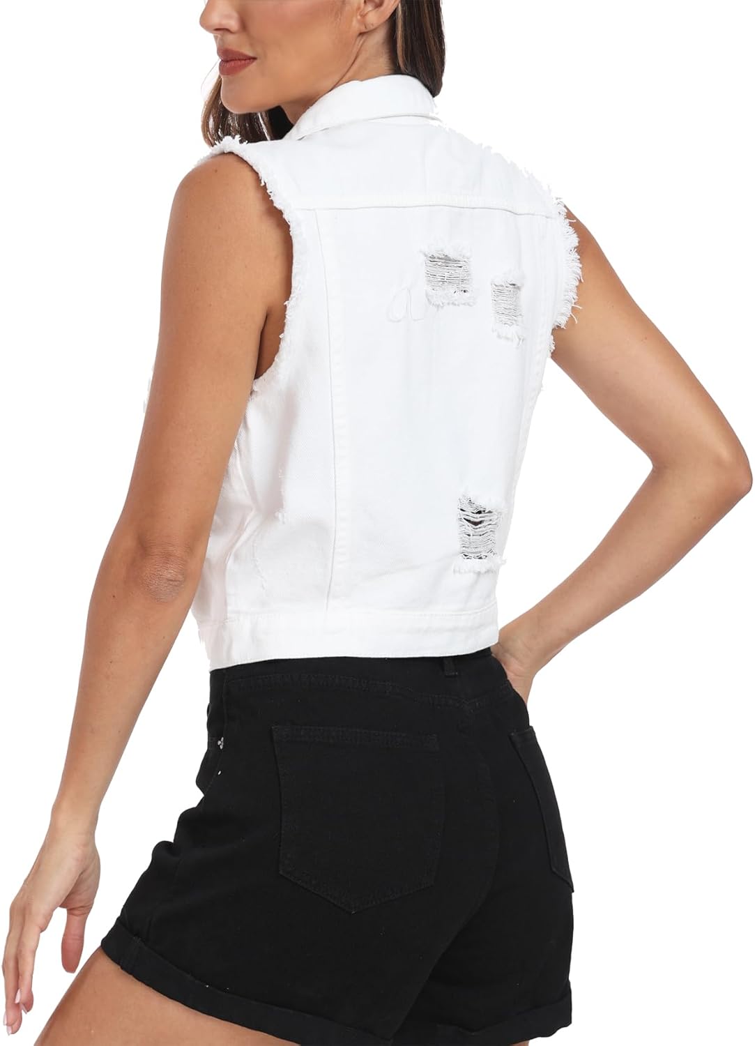 Women's Ripped Vest Cropped Distressed Classic Sleeveless Jean Vest Jackets With Flap Pockets Women's Ripped Vest Cropped Distressed Classic Sleeveless Jean Vest Jackets With Flap Pockets