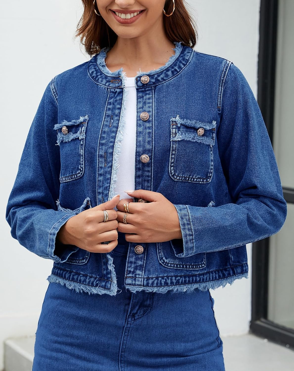Women's Trendy Jean Jacket Button Down Long Sleeve Cropped Frayed Distressed Jacket Coat