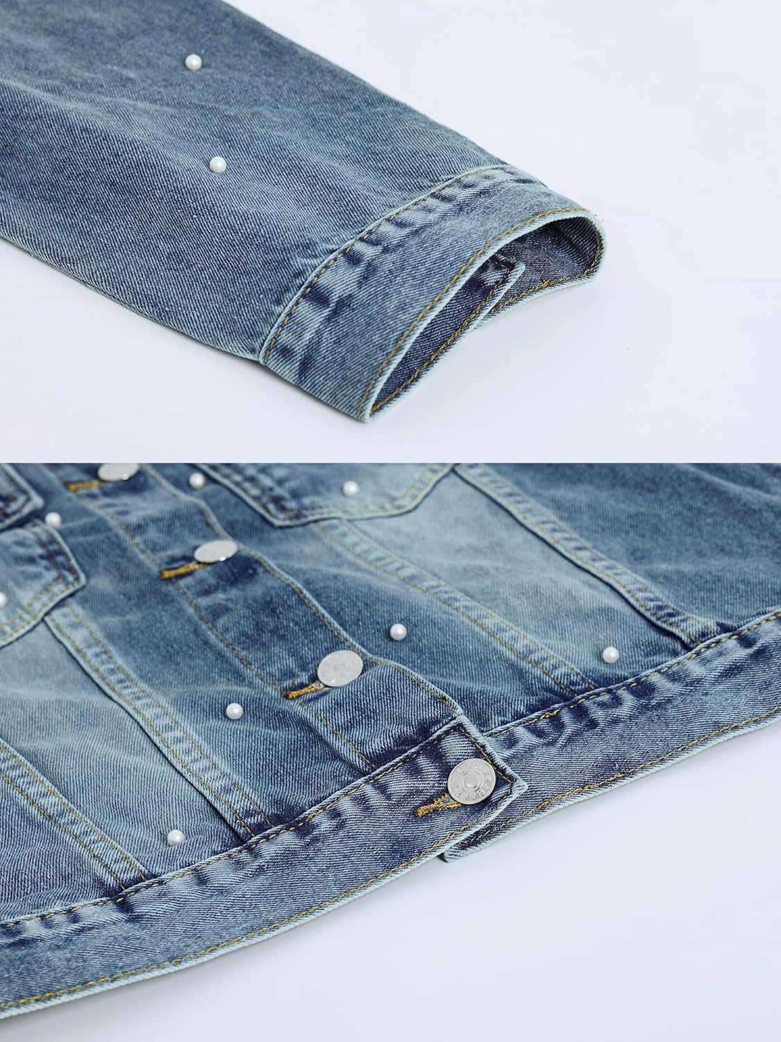 Women's Pearls Jacket 3\/4 Sleeve Cropped Rhinestones Jean Jackets Trucker Coat