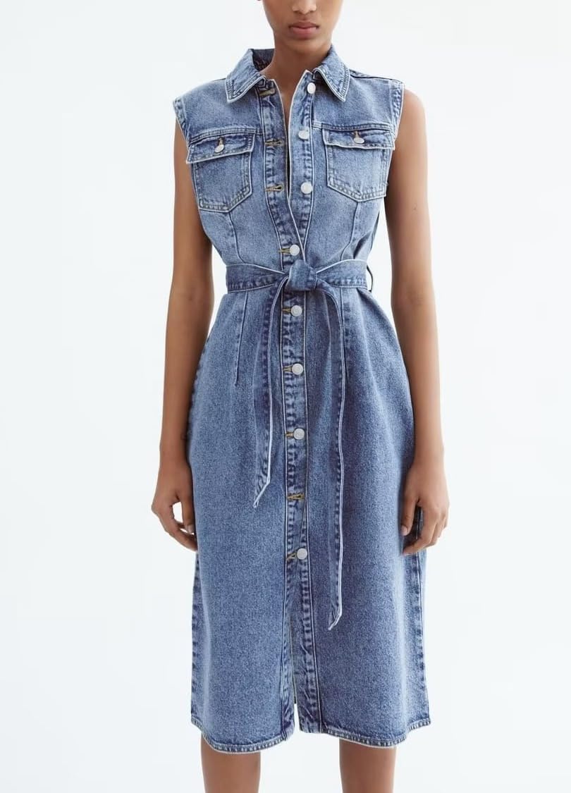 Dress for Women Casual Sleeveless Belted Button Down Midi Jean Dresses for Women 2025