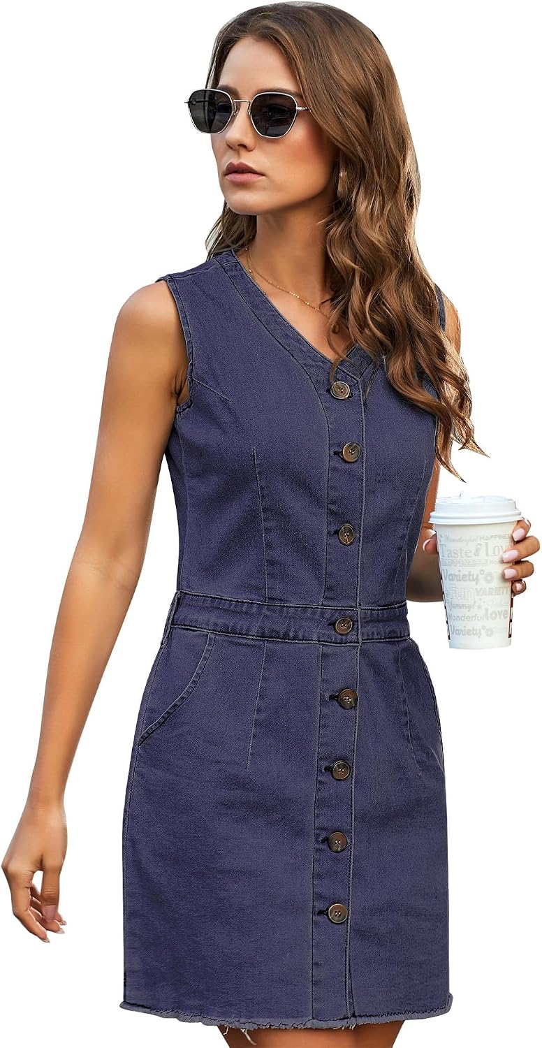 Women Sleeveless V Neck Button Down Frayed Hem Short Dress Women Sleeveless V Neck Button Down Frayed Hem Short Dress