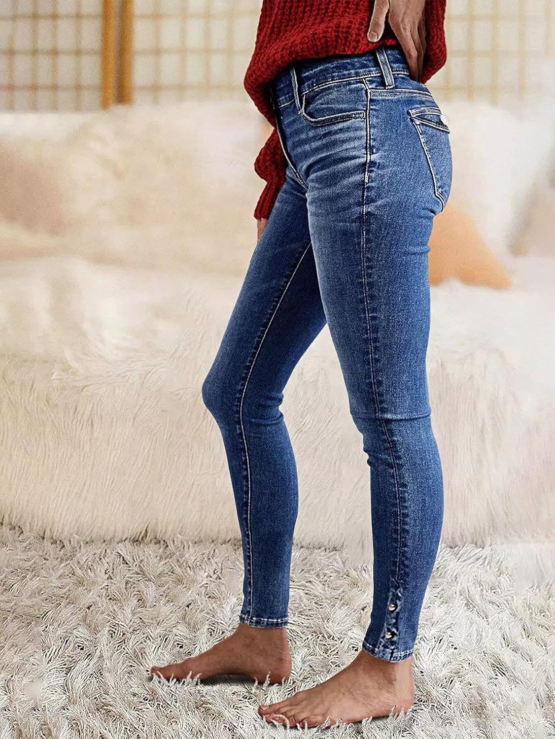 High Waist Women's Skinny Jeans Butt Lifting Slim Fit Casual Wash Stretchy Skinny Leg Double Button Pants