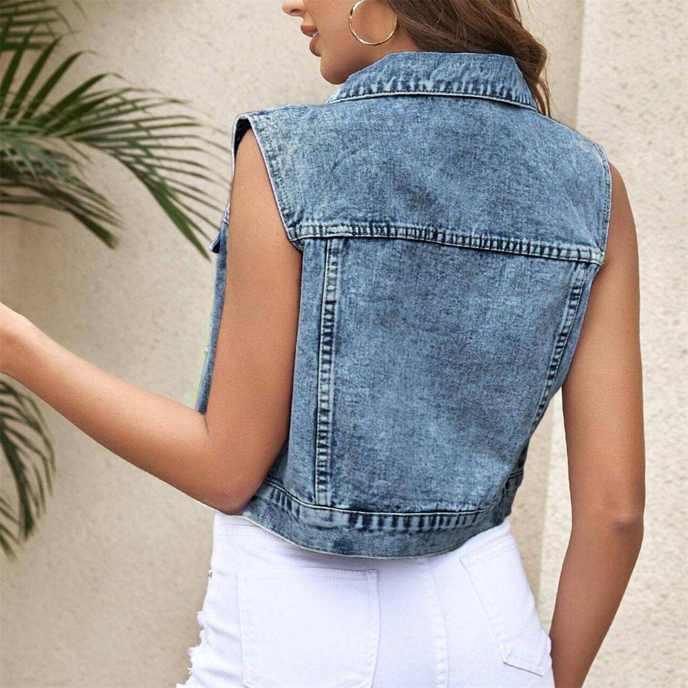 Cropped Vest Women Distressed Sleeveless Jean Jacket Casual Spread Collar Button Down Waistcoat
