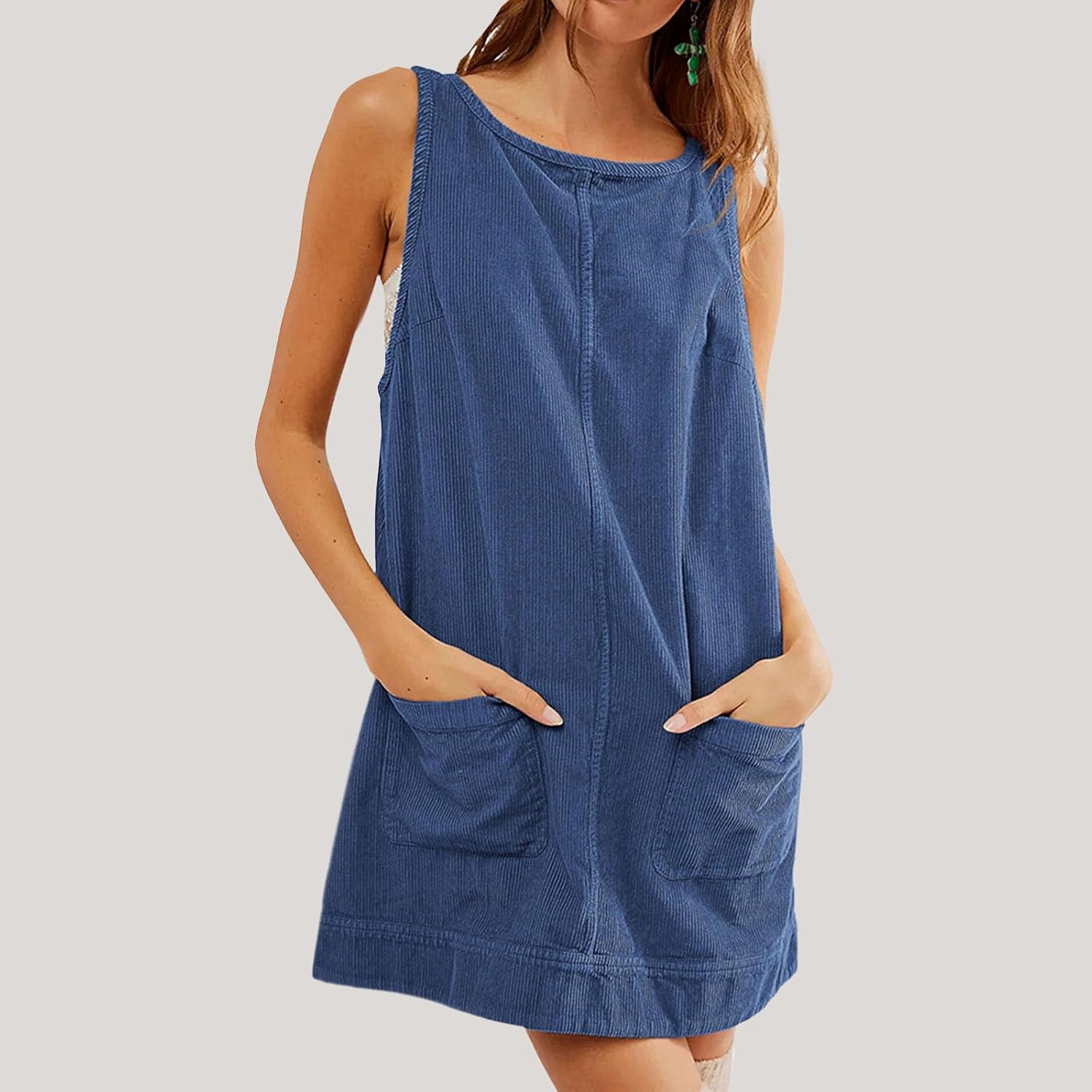 Women's Summer Corduroy Overall Dress Scoop Neck A Line Pinafore Mini Dress Skirtall Jumper Skirts with Pockets